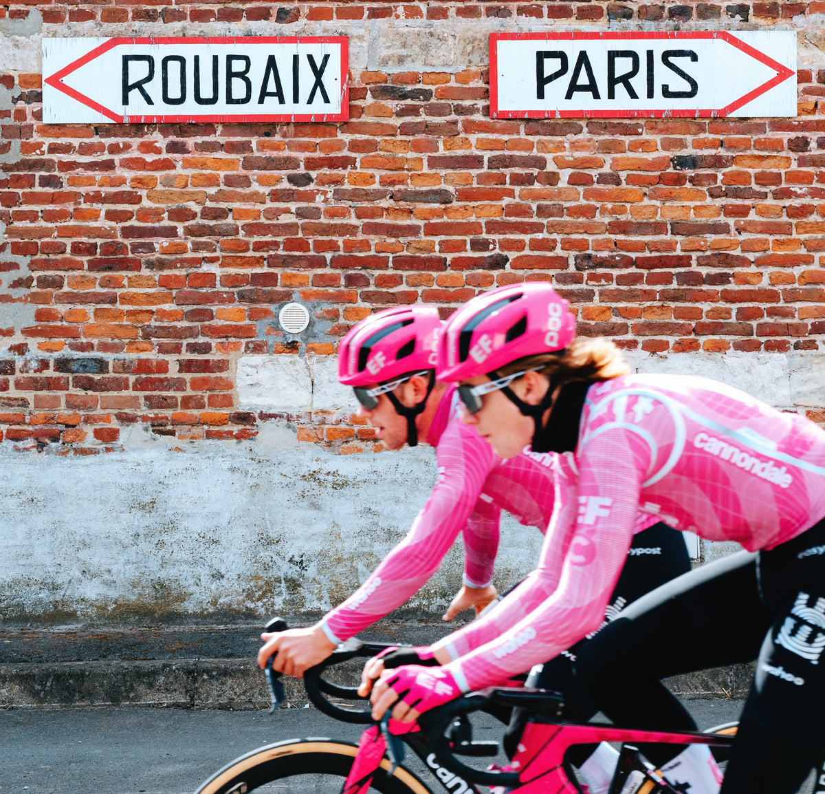 Paris-Roubaix cobbles during course recon, the inspiration for La Machine's SS26 EF Pro Cycling collection.