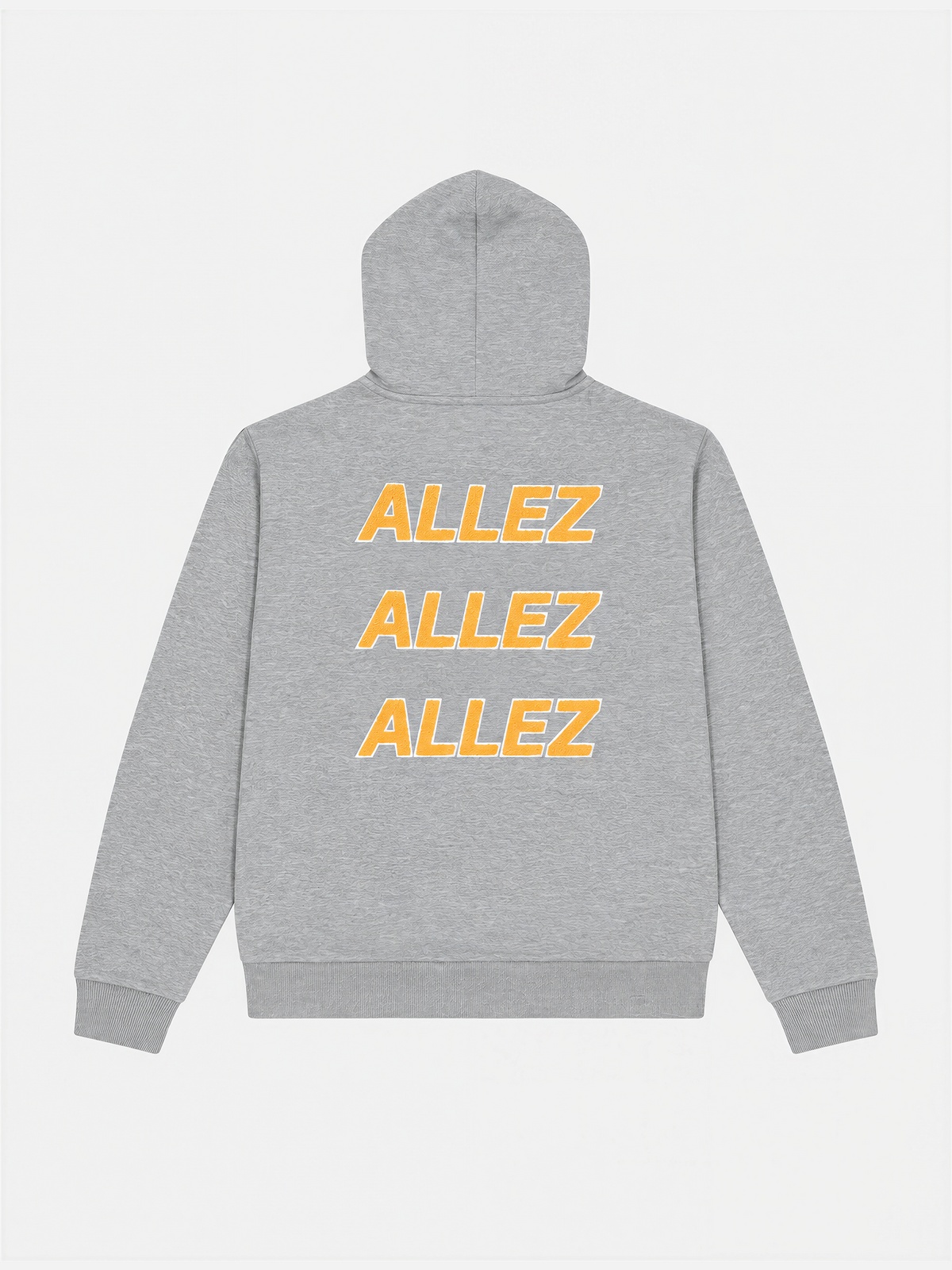 Front view of the Allez Allez Allez Hoodie in melange grey, laid flat.