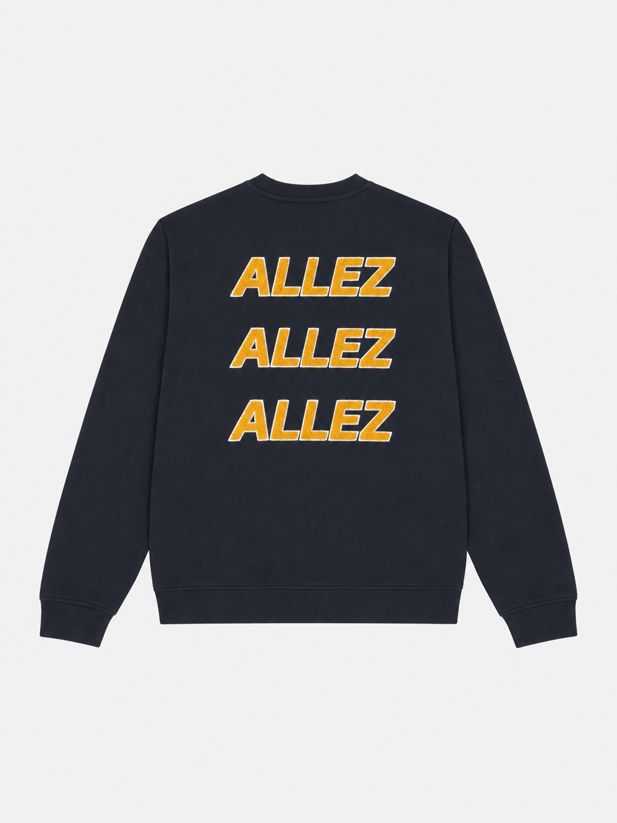 Front view of the Allez Allez Allez sweatshirt in dark navy blue, laid flat.