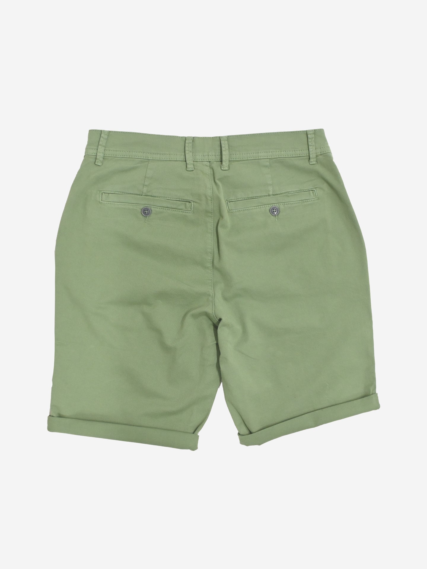 The Grand Tours - Rest Day Bermuda in Dusty Green by La Machine Cycle Club features a semi-tailored fit, buttoned back pockets, and rolled-up hems—ideal for relaxing on rest days, shown from the back against a plain white background.