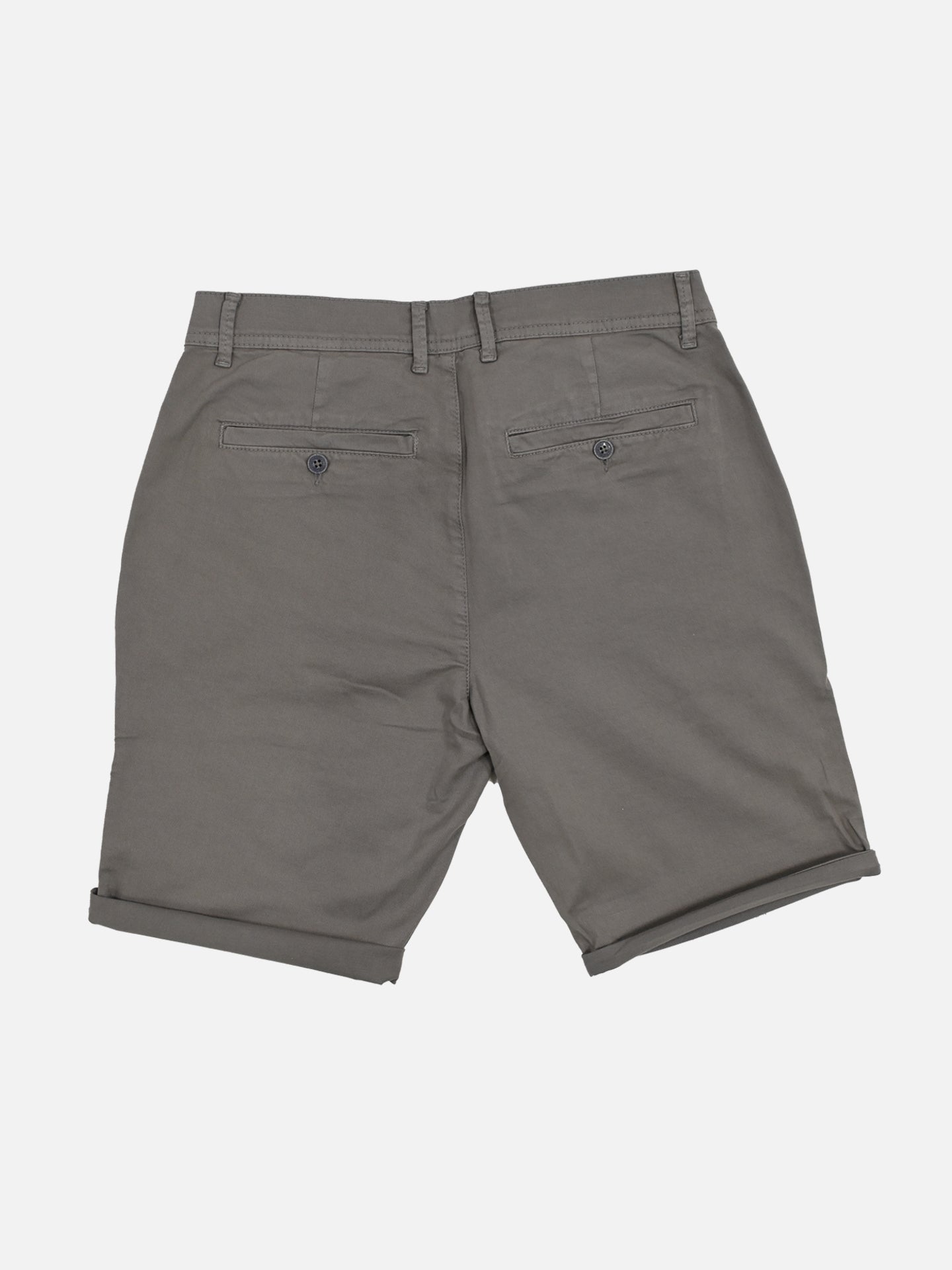 The Grand Tours - Rest Day Bermuda shorts in grey by La Machine Cycle Club feature a semi-tailored fit, belt loops, and two buttoned back pockets. Shown laid flat on a white background to highlight the back view.