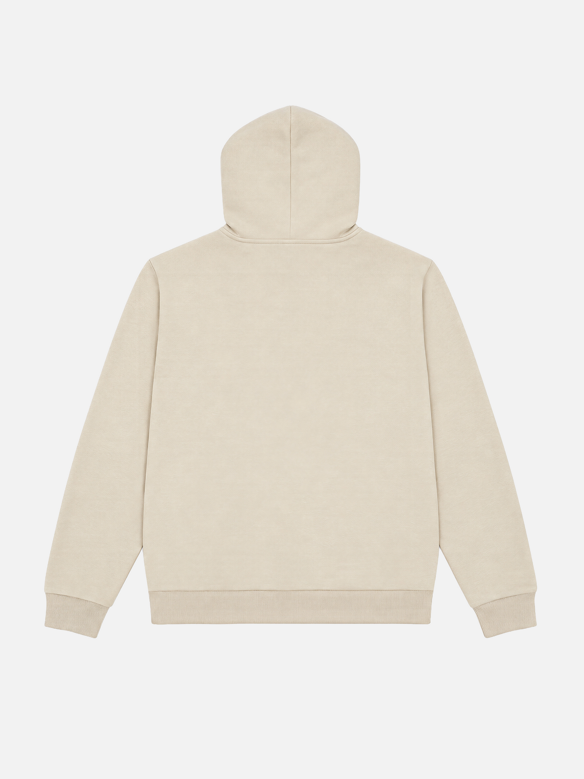Back view of the Beyond the bike Hoodie in gravel grey, laid flat.
