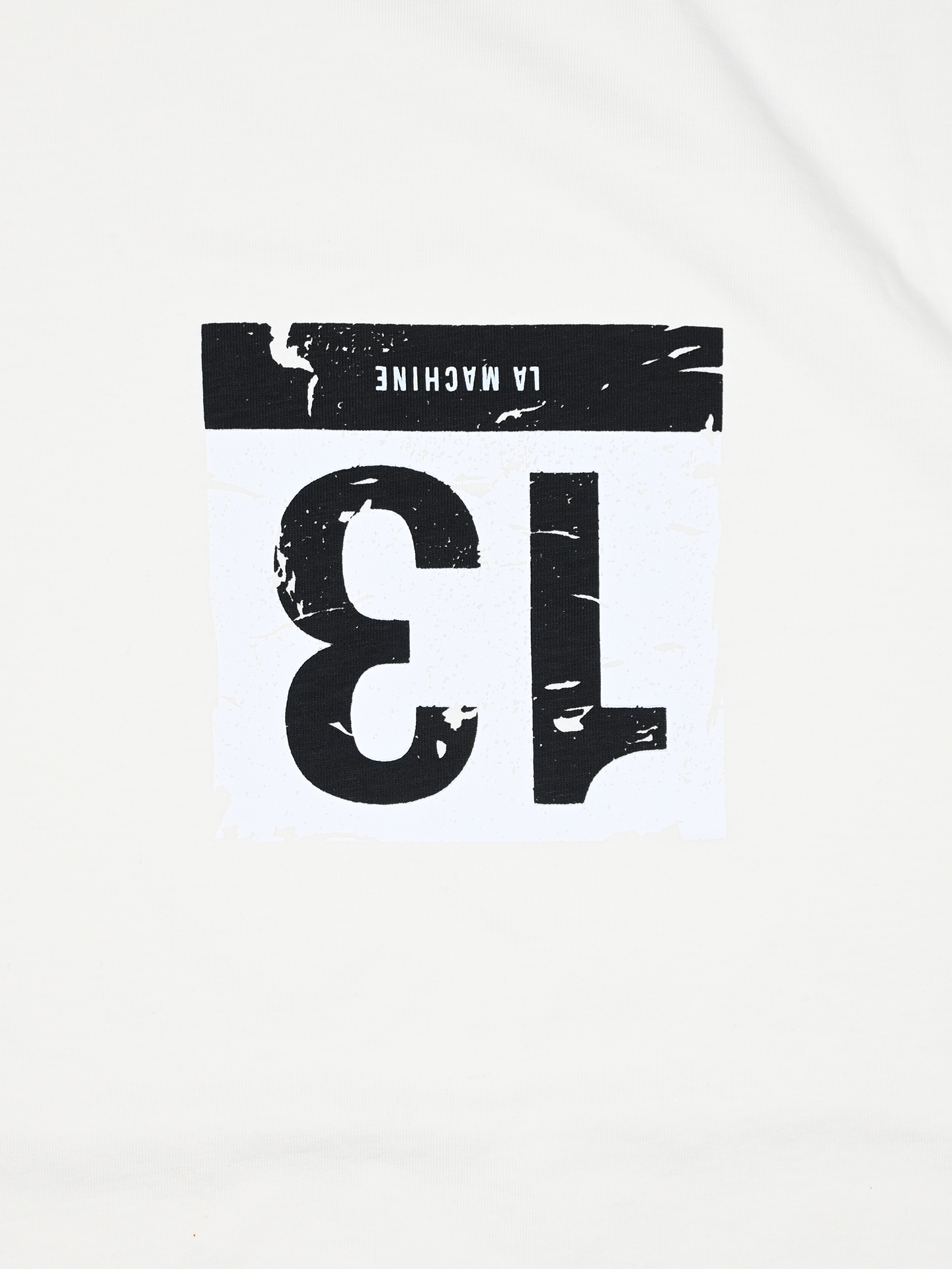 The Bib Number 13 - T-shirt - Off White by La Machine Cycle Club features an upside-down black-and-white graphic of bib number 13 with LA MACHINE above it on a crisp white background—ideal for any unisex cotton tee.