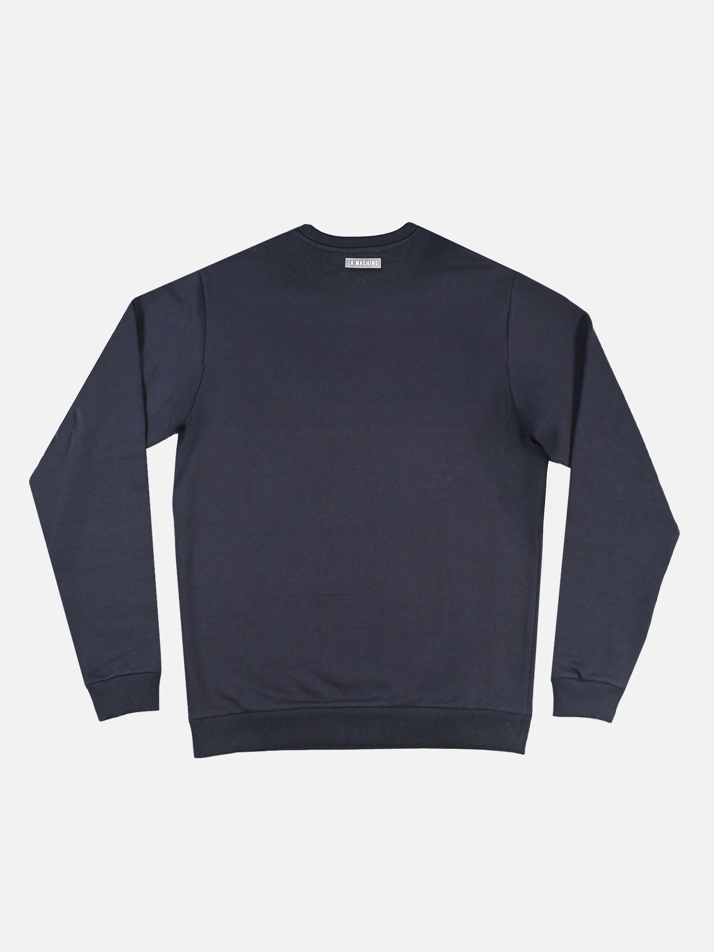 A La Machine Cycle Club mens Club Line sweatshirt in navy is shown laid flat, back facing up, against a white background.