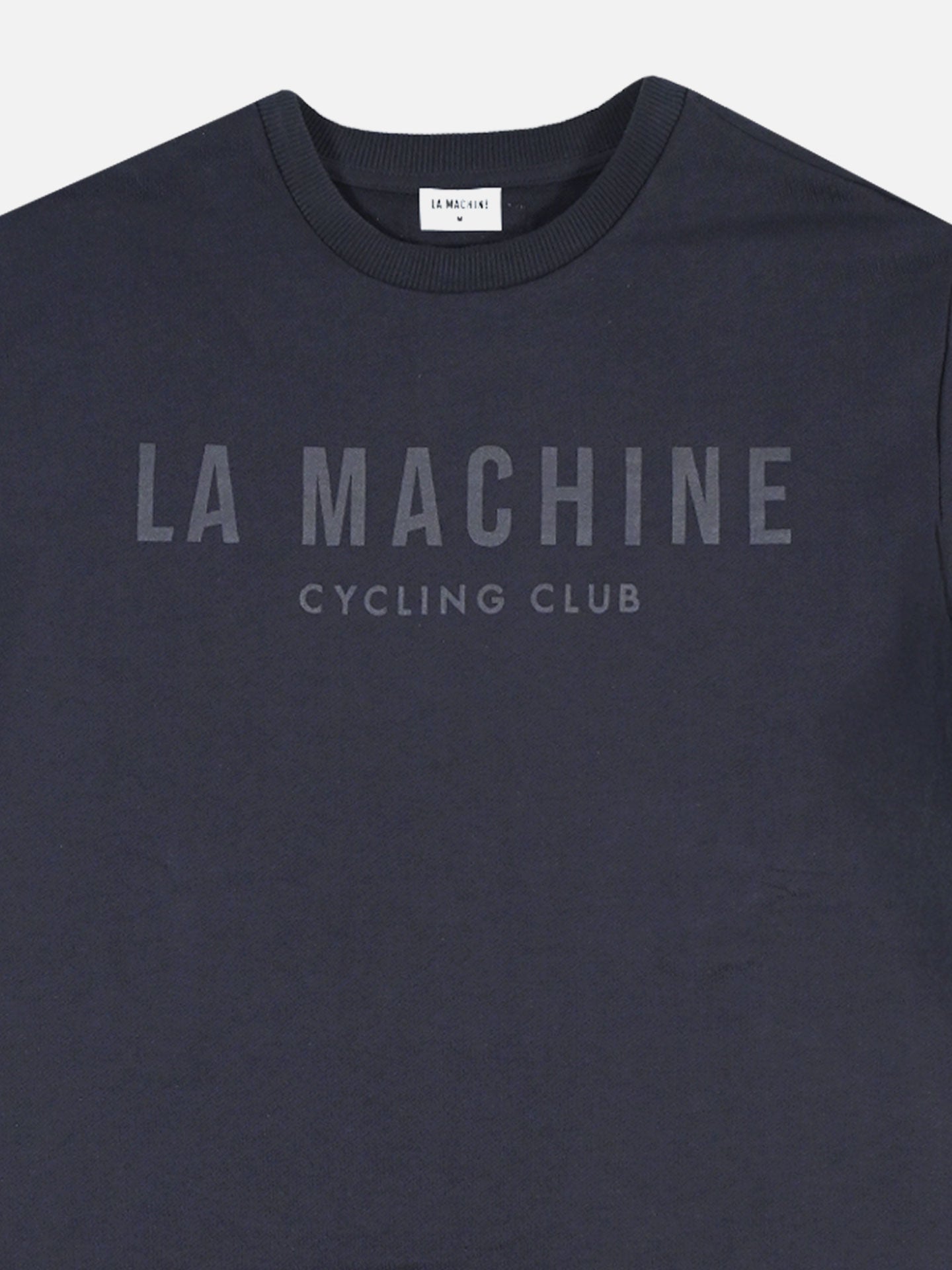 A navy La Machine Cycle Club mens sweatshirt from the Club Line, featuring LA MACHINE CYCLING CLUB subtly printed across the chest.