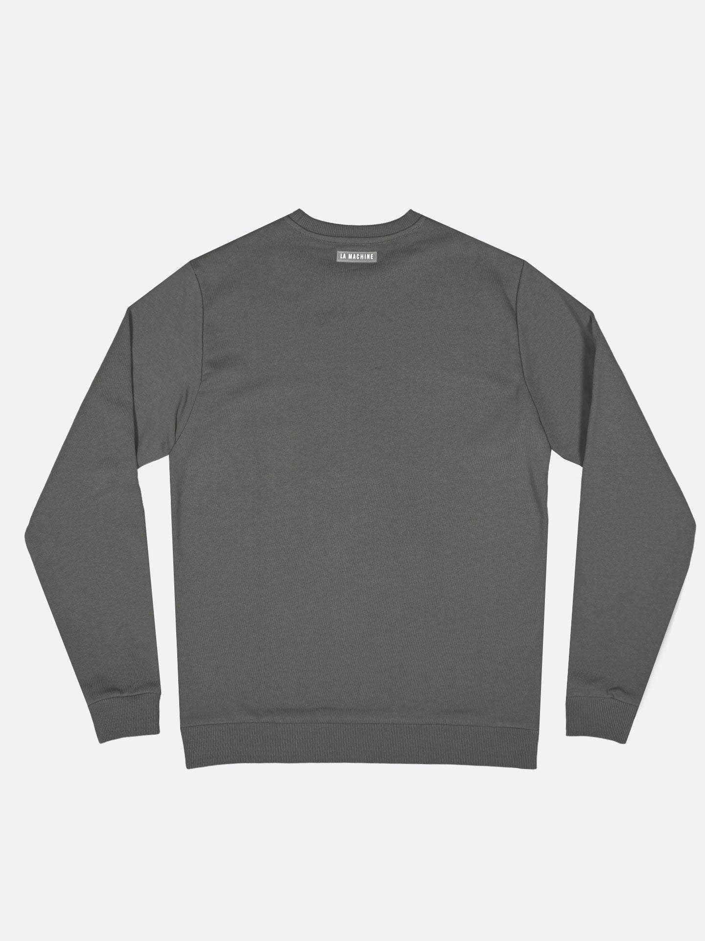 The La Machine Cycle Club Ride Hard Rest Hard mens crew neck sweatshirt in solid dark gray is shown flat with the back facing up against a white background.