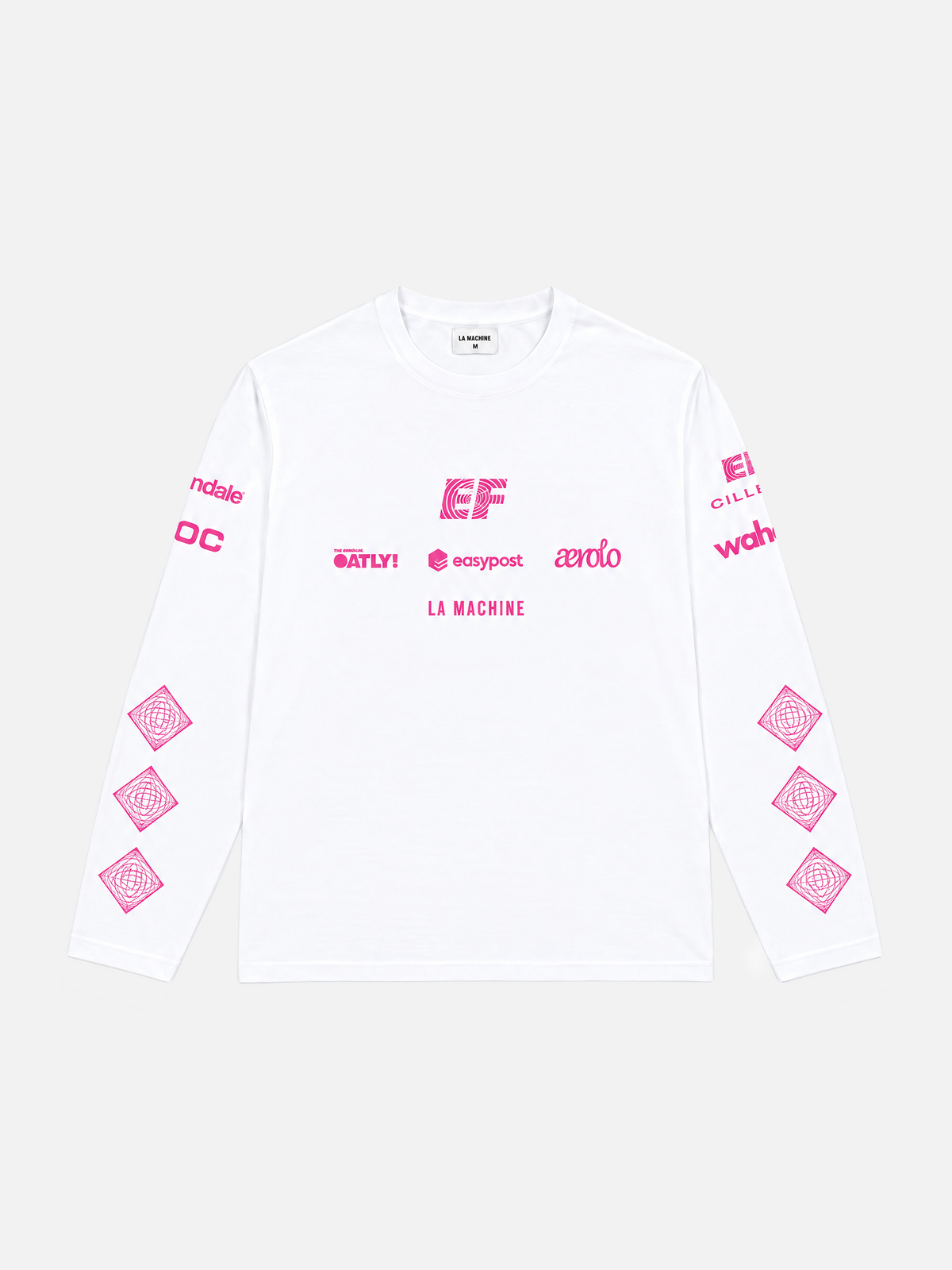 Front view of the EF Pro Cycling x La Machine 2026 team longsleeve in white, laid flat.