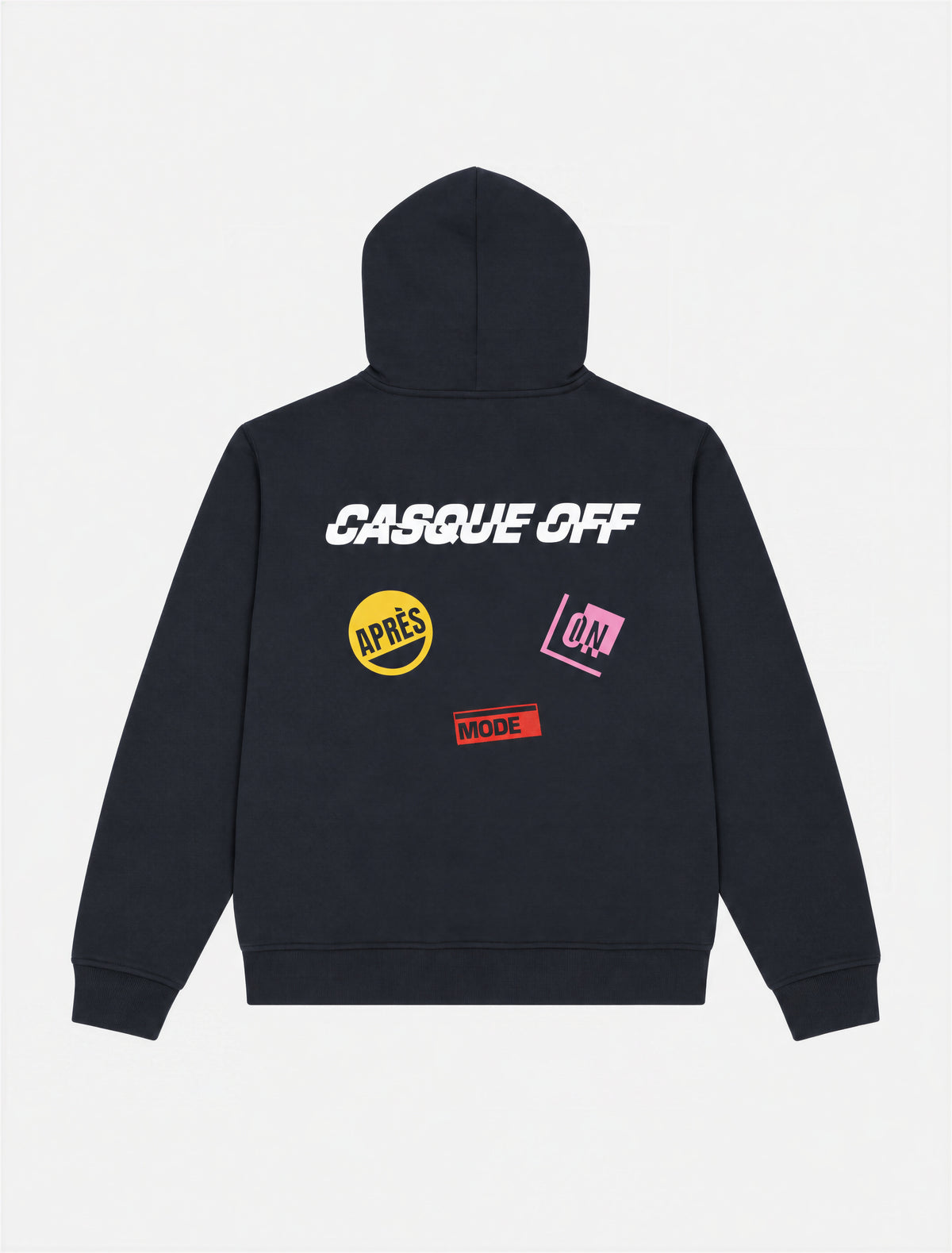Front view of the Casque Off Hoodie in dark navy blue, laid flat.