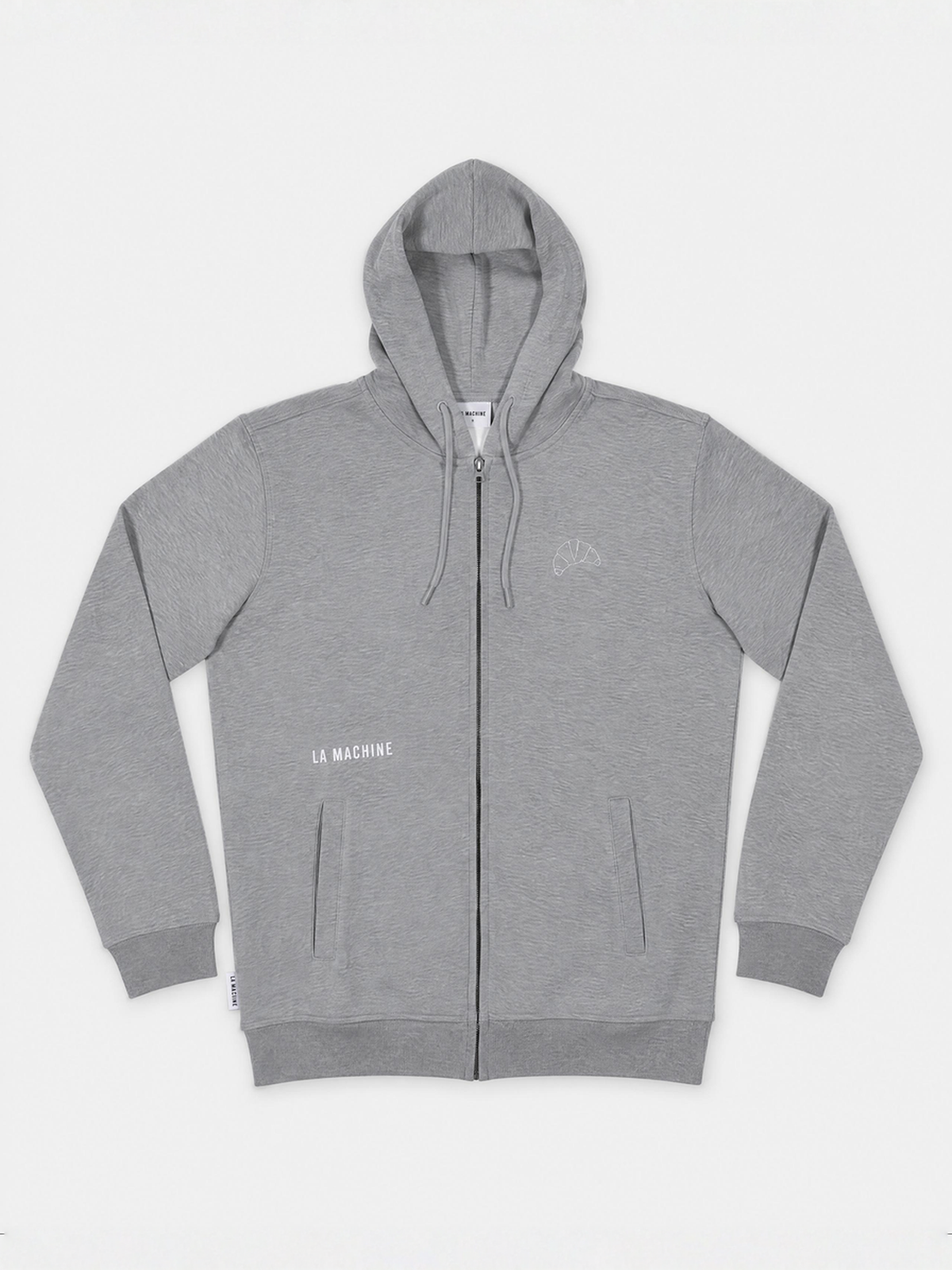 Back view of the I Brake for Croissants zipped hoodie in melange grey, laid flat.