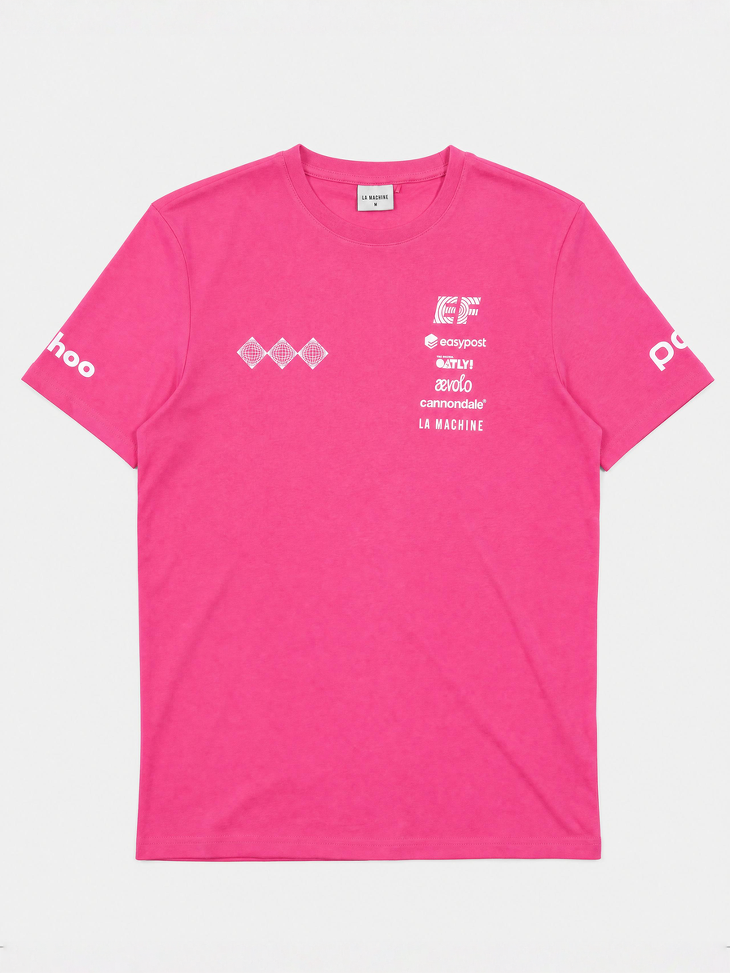 A pink La Machine x EF Pro Cycling official team T-shirt for 2026, shown on a plain background.