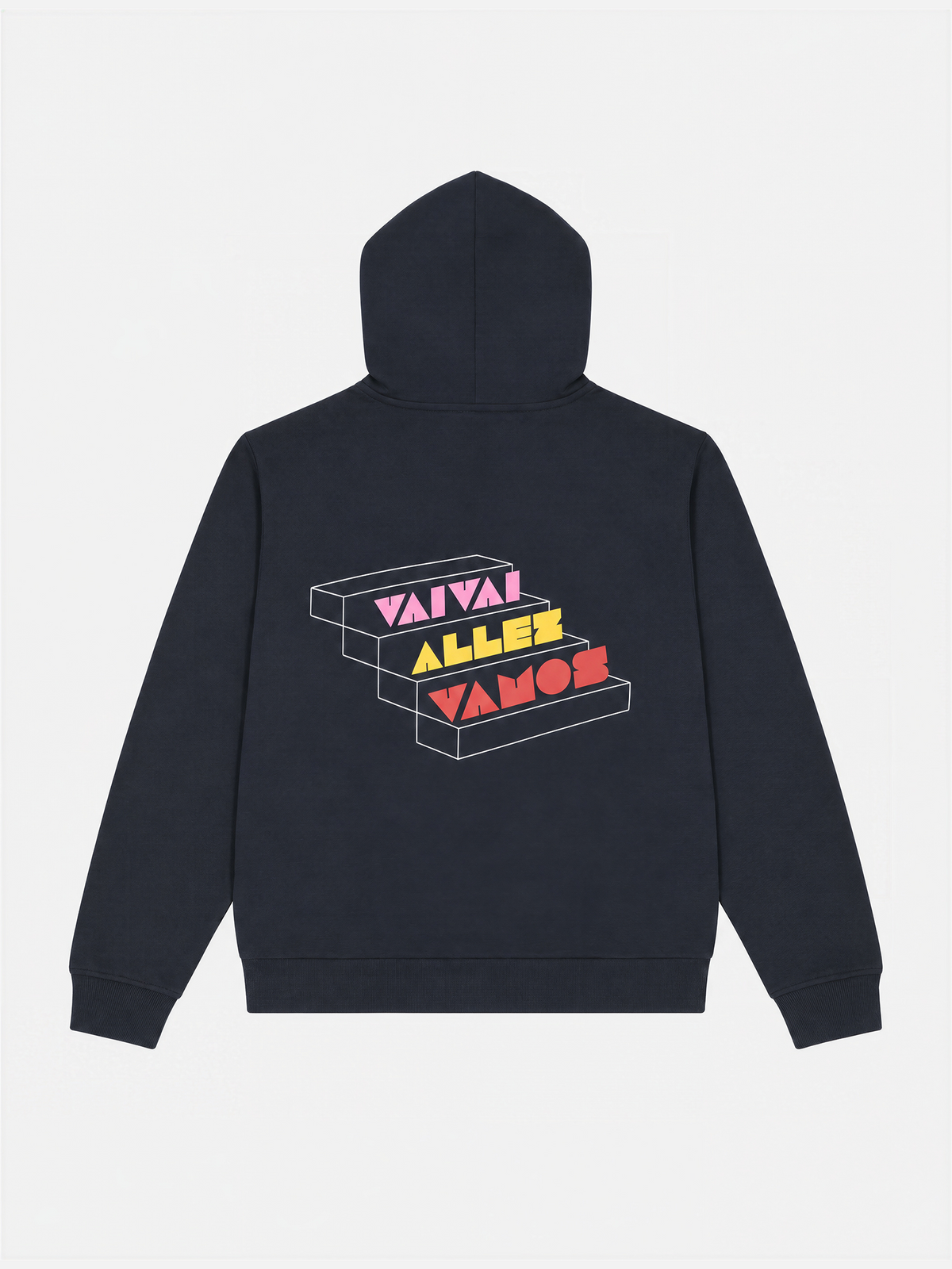 Back view of the Grand Tours Hoodie in dark navy blue, laid flat.