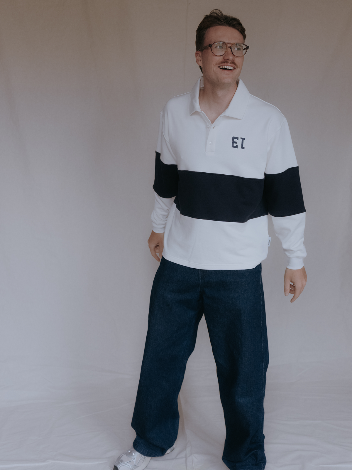 Number 13 - Longsleeve Polo - Dark Navy Blue / Off White