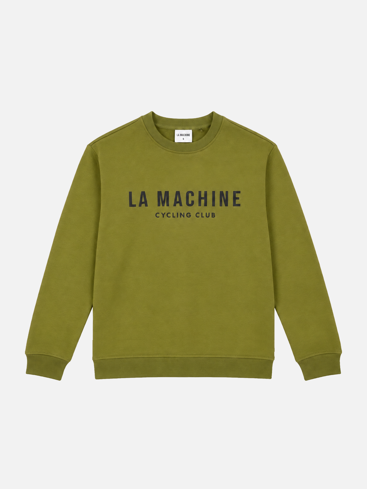 Front view of the La Machine Club Line sweatshirt in olive, laid flat.