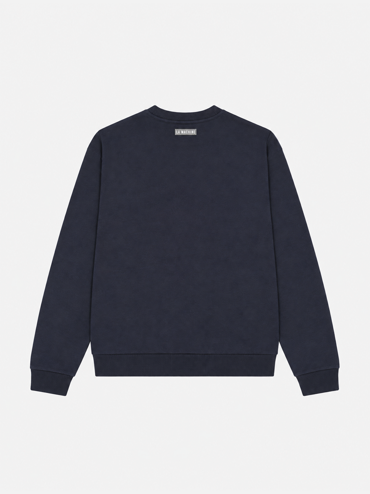 Close-up of the chest print on the navy La Machine Club Line sweatshirt.