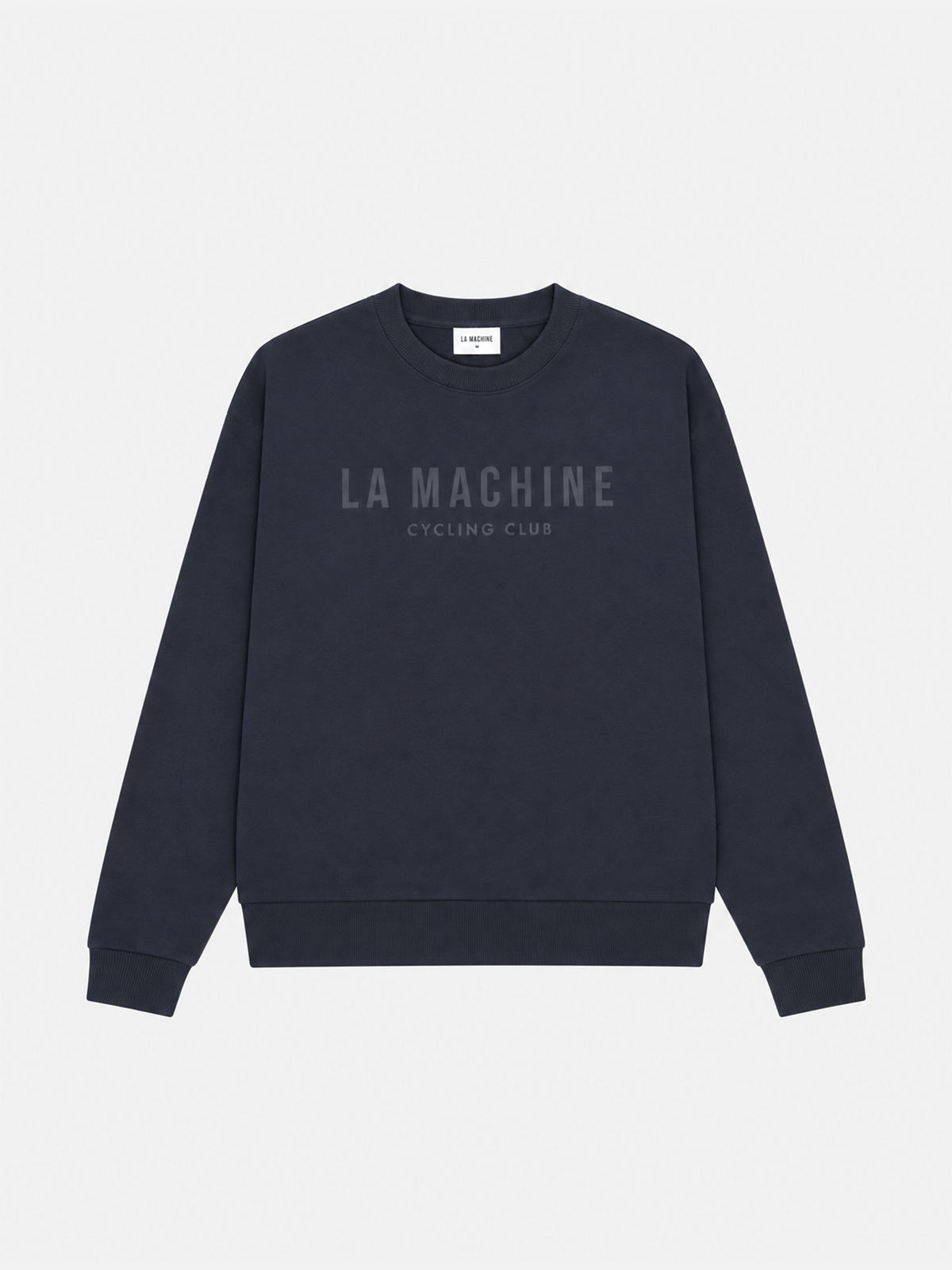 Front view of the navy La Machine Club Line sweatshirt, laid flat.