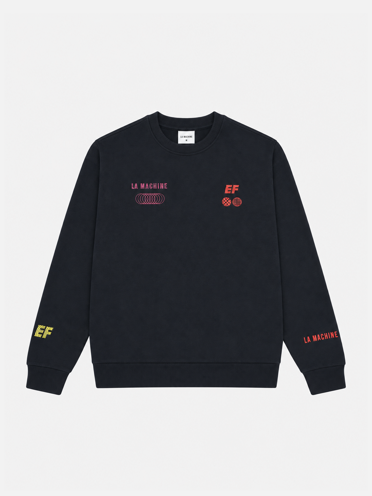 Front view of the La Machine x EF Pro Cycling Dimension sweatshirt in dark navy blue, laid flat.