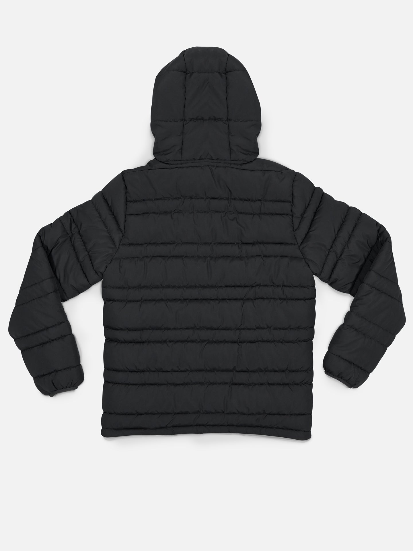The Beyond the bike - Padded Jacket - Black by La Machine Cycle Club is a unisex, black jacket with an insulated hood, horizontal quilting, and elastic cuffs, shown from the back against a plain white background.