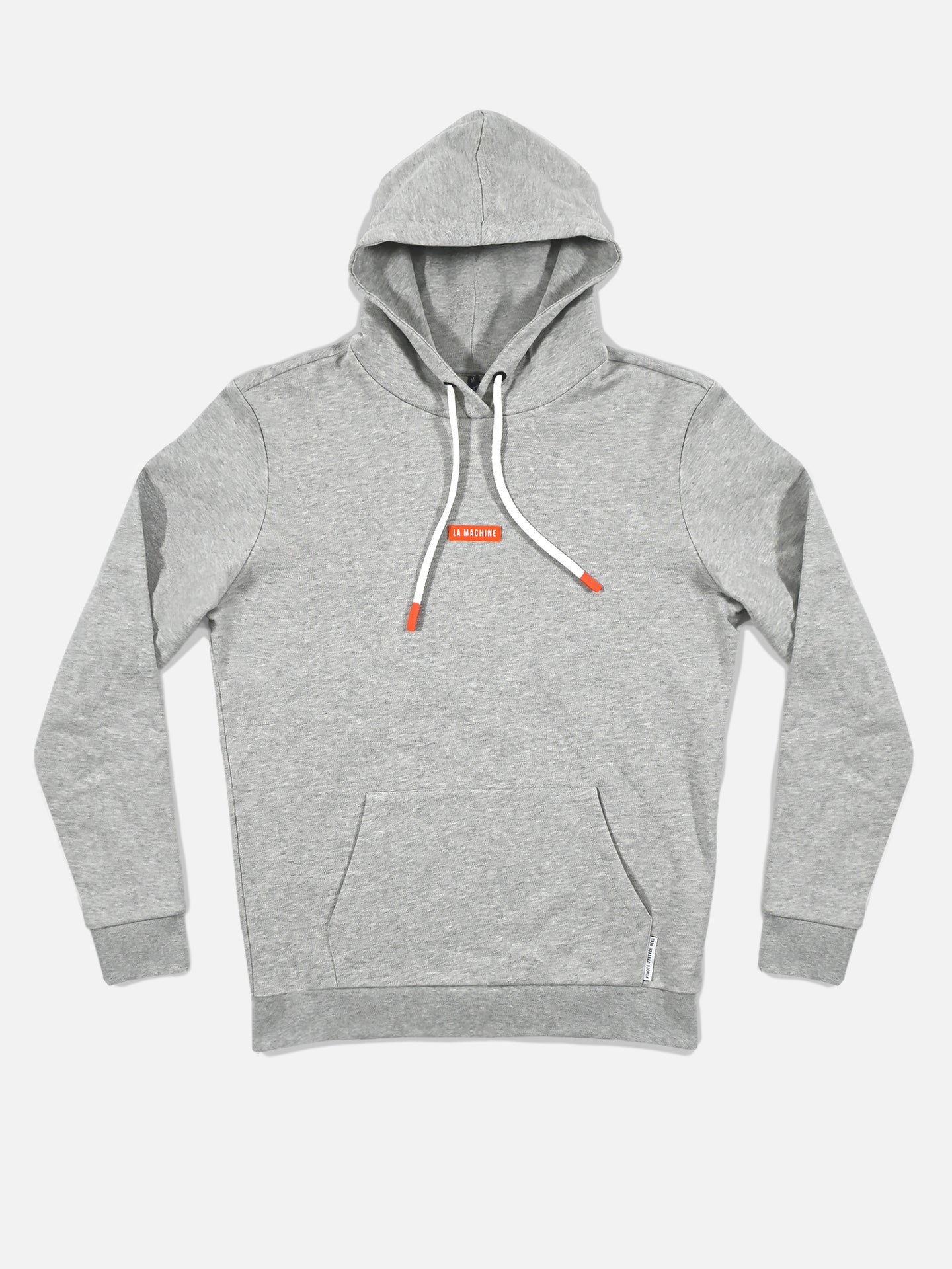 The Beyond the Bike - Hoodie - Melange Grey by La Machine Cycle Club is a light gray unisex hoodie with a front pocket, white drawstrings tipped in orange, and a small red logo on the chest, shown laid flat on a white background.
