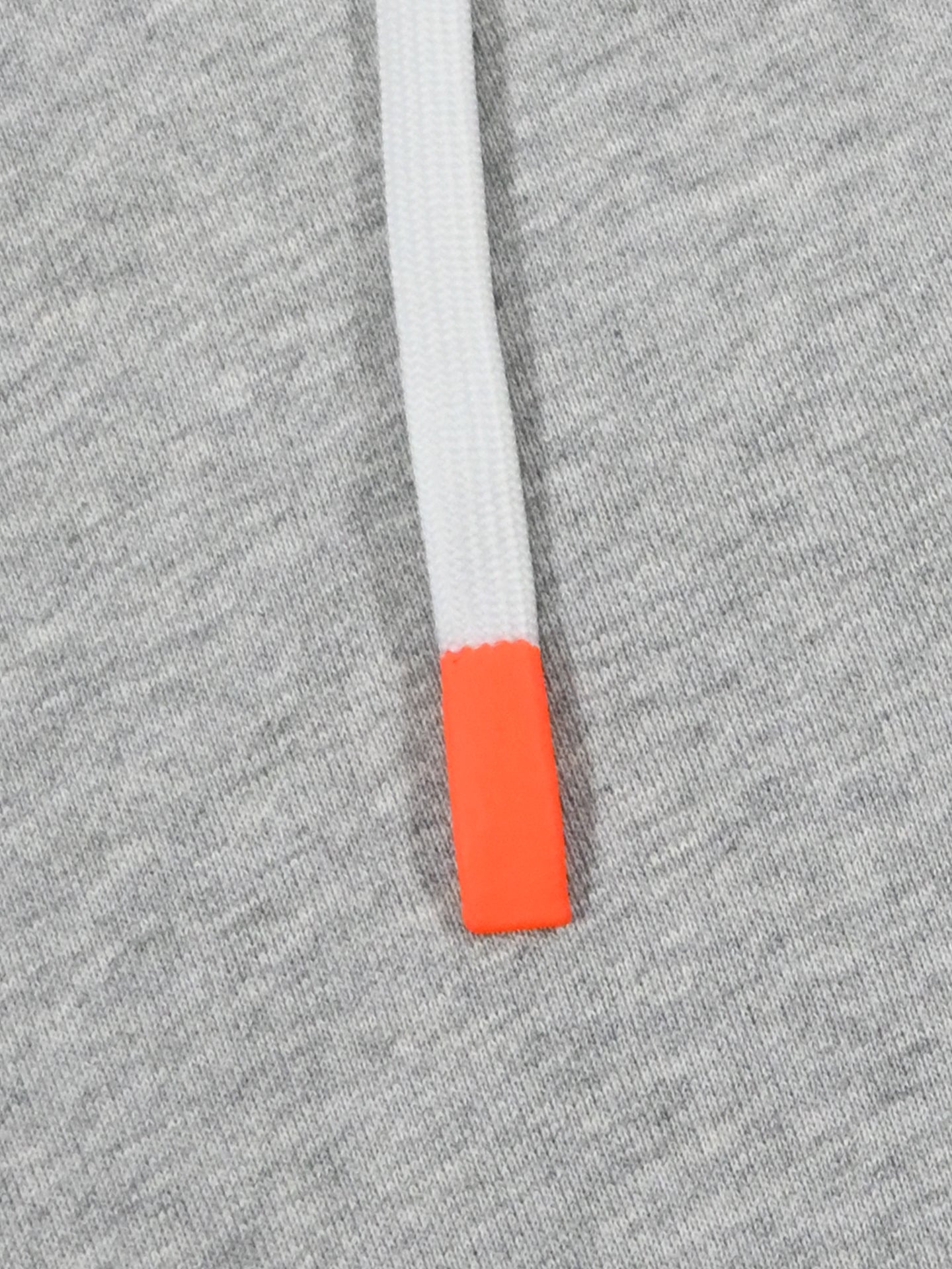 A close-up of the Beyond the bike - Hoodie - Melange Grey by La Machine Cycle Club shows a white drawstring with a bright orange tip, highlighting the premium details of this unisex hoodie.