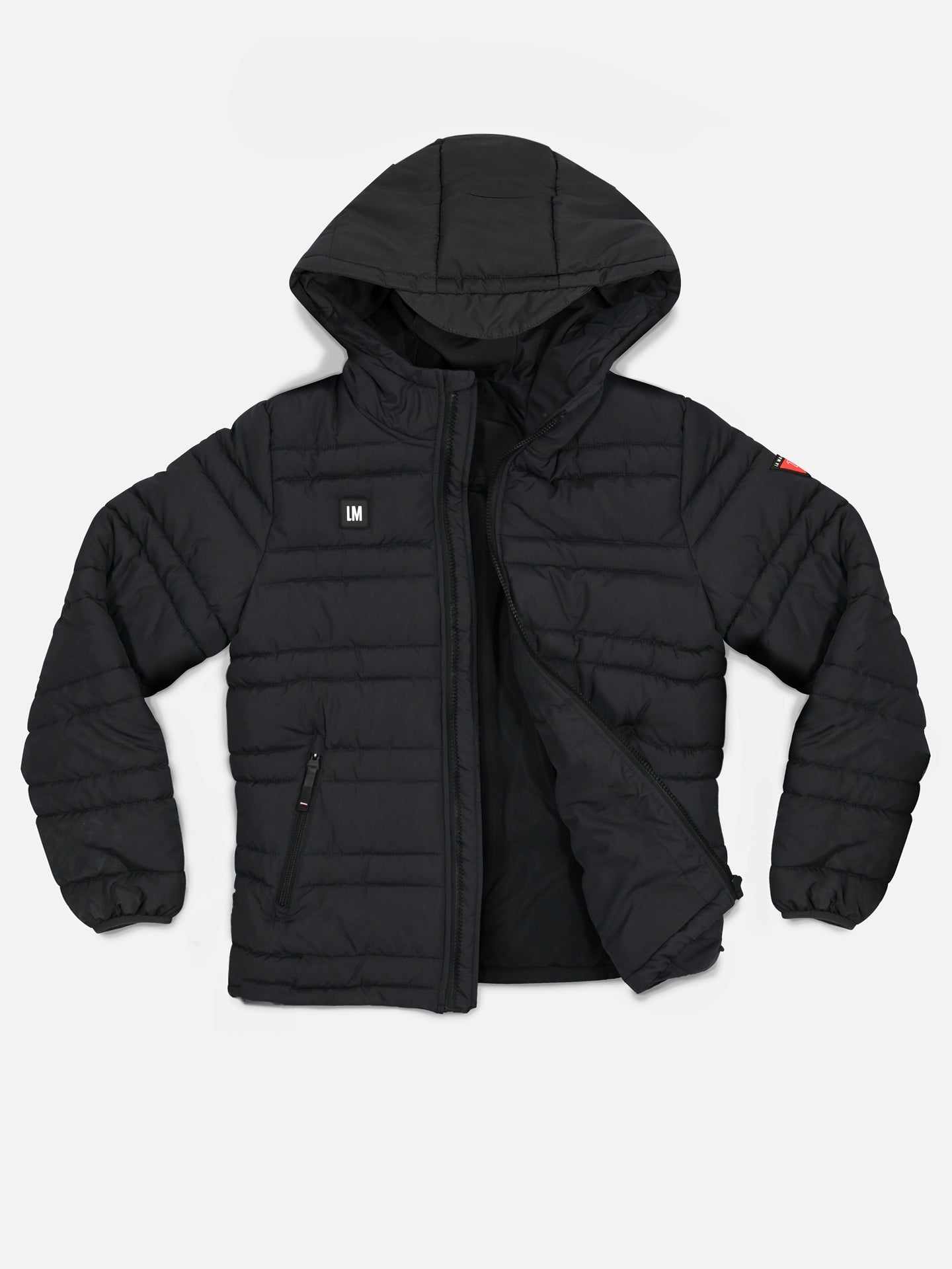 The La Machine Cycle Club Beyond the Bike Padded Jacket in black features quilting, an insulated hood, front zipper, and side zip pockets. Shown partially unzipped on a white background. Unisex design.