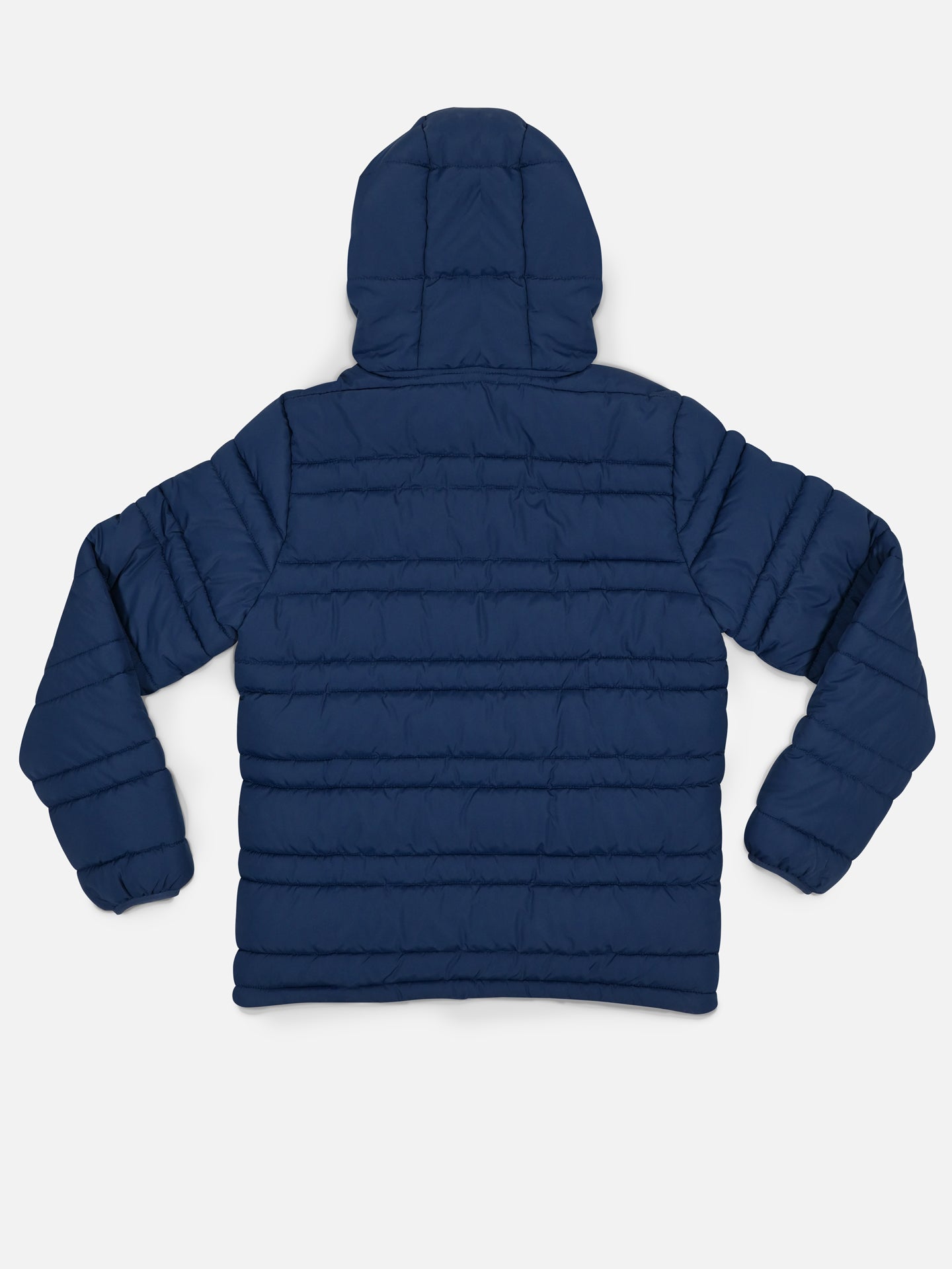 The La Machine Cycle Club Beyond the bike Padded Jacket in blue, a unisex design with horizontal stitching, long sleeves, and an insulated hood, is shown from the back lying flat on a white background.