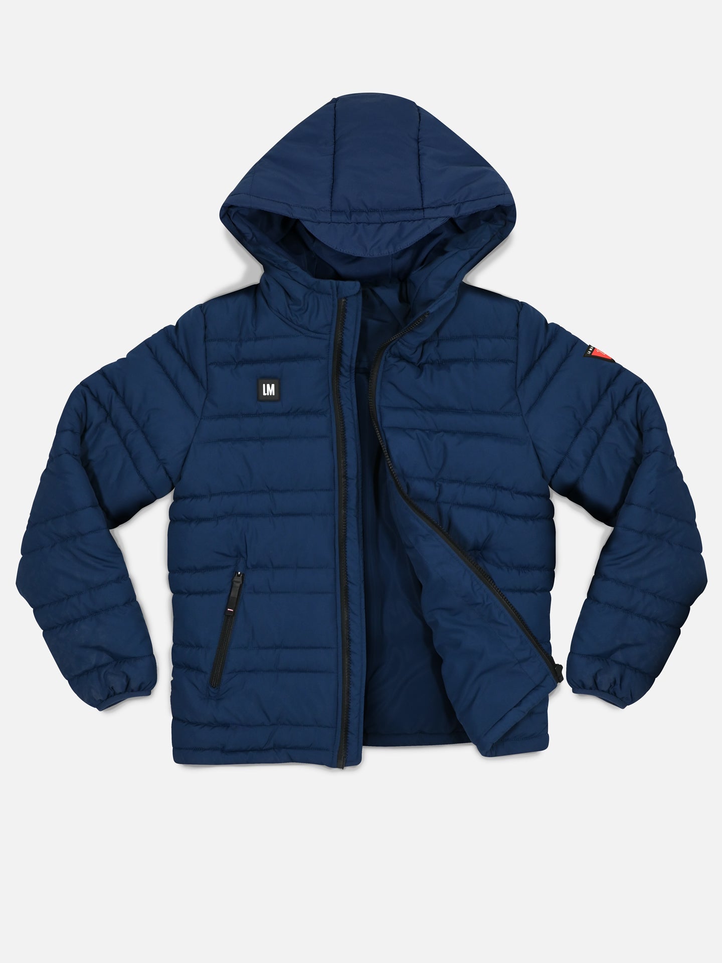 The La Machine Cycle Club Beyond the bike Padded Jacket in blue features an insulated hood, front zipper, two zippered side pockets, elastic cuffs, and a small black chest patch. The unisex jacket is shown laid flat on a white background.