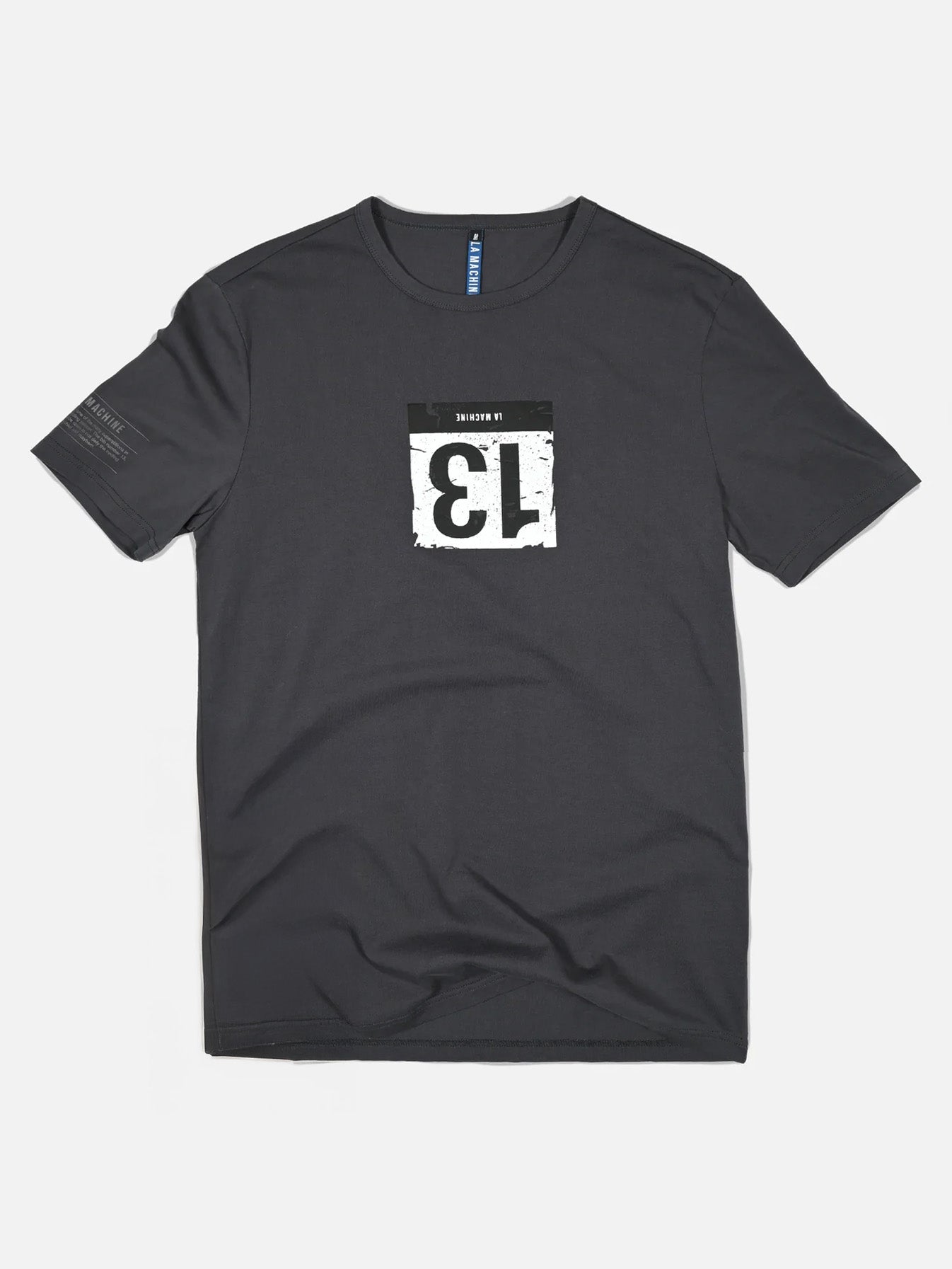 The Bib Number 13 - T-shirt in Charcoal Teal by La Machine Cycle Club features a bold white and black graphic with large, distressed bib number 13 on the chest and small text on the left sleeve.