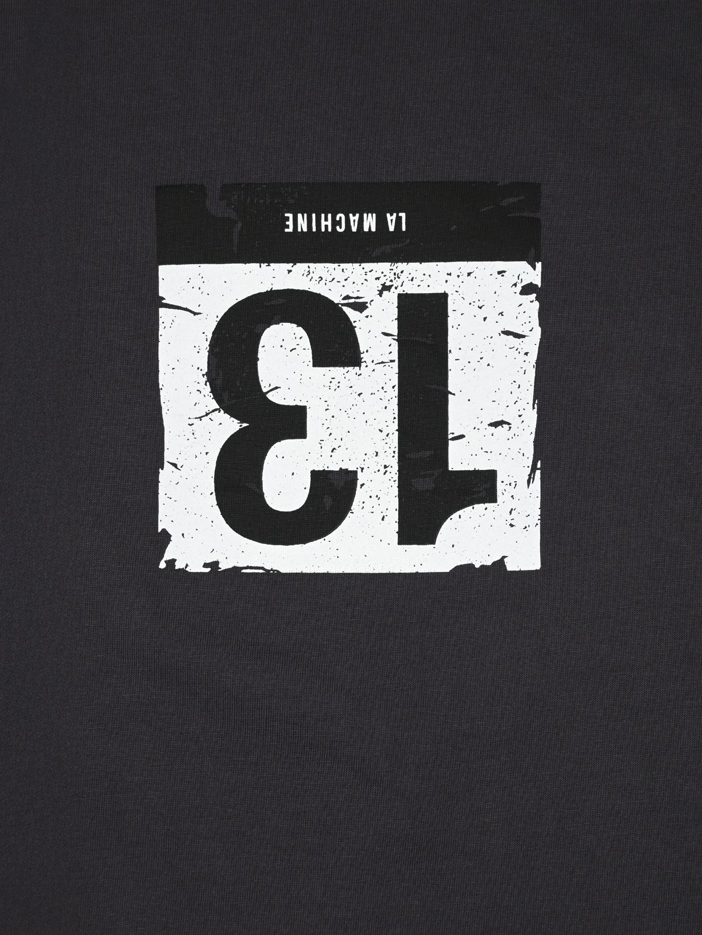 The La Machine Cycle Club Bib Number 13 T-shirt in Charcoal Teal features a white, distressed upside-down 13 within a square and small LA MACHINE text at the top.