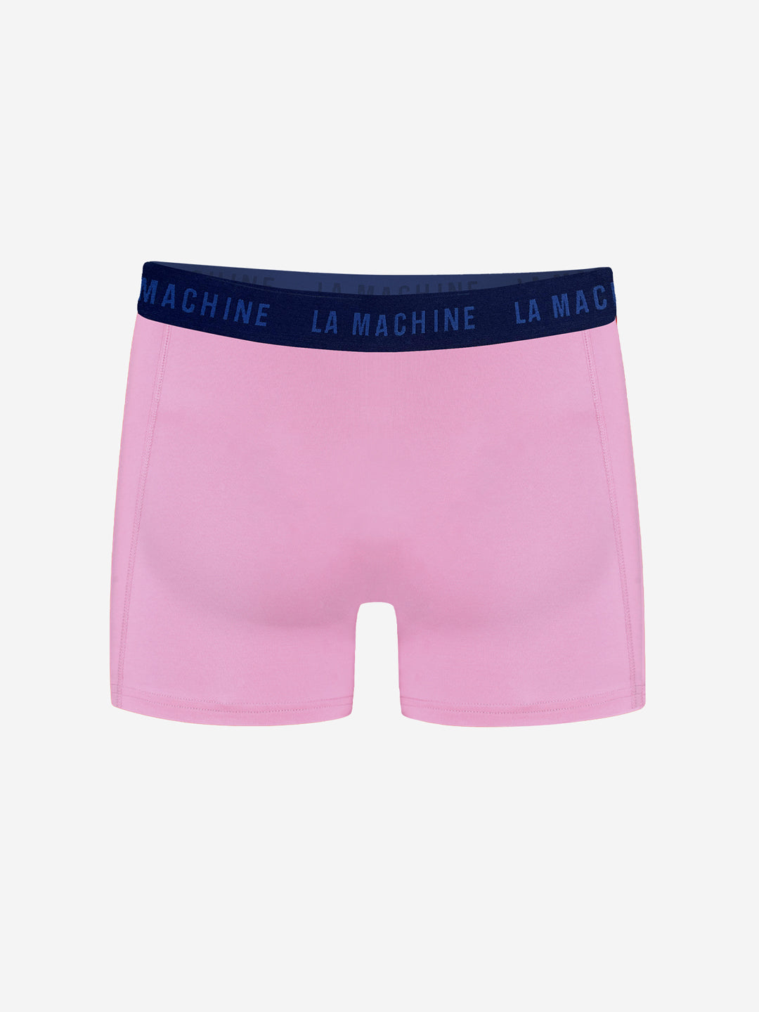 La Machine Cycle Clubs Boxershorts - Giro Pink are inspired by the Giro dItalia, featuring a navy blue waistband with LA MACHINE around it. These cycling boxers are shown on a plain white background.