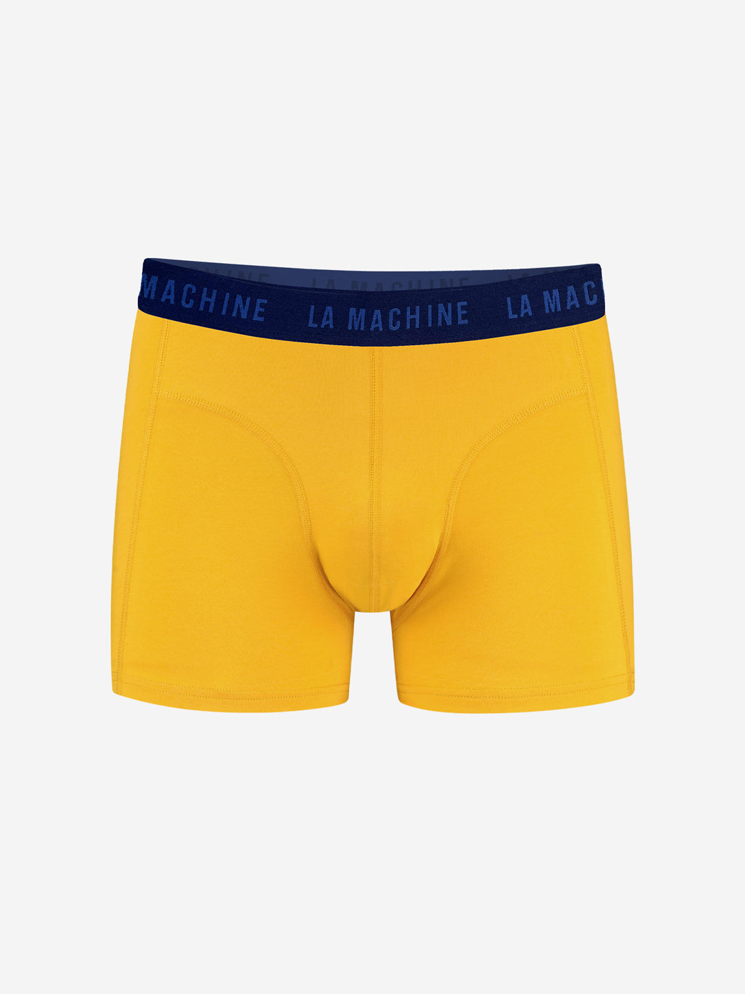 La Machine Cycle Clubs Tour Yellow Boxershorts feature a navy blue waistband with light blue LA MACHINE text. Stylish mens boxershorts are shown on a plain white background.