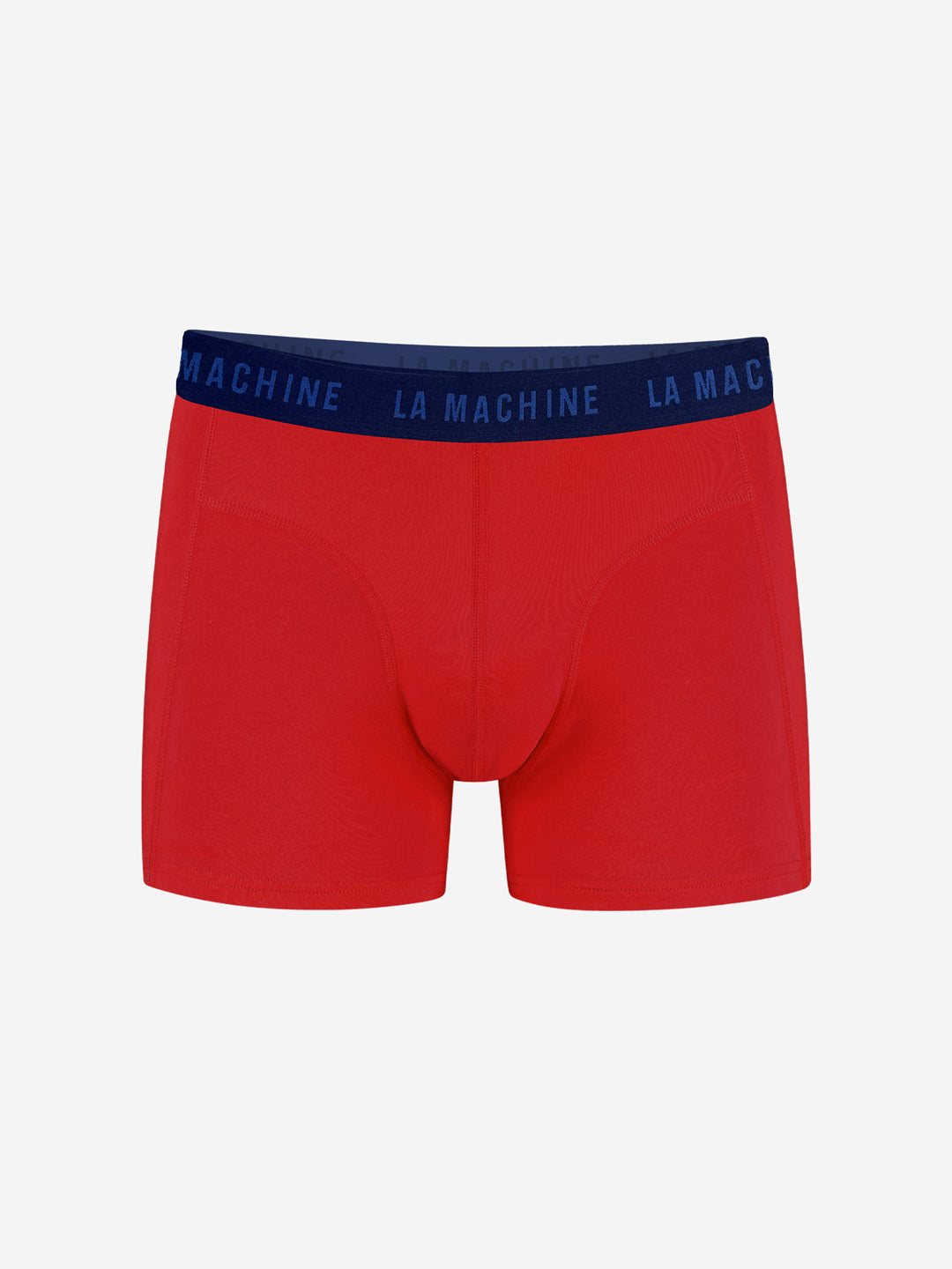 The La Machine Cycle Club Grand Tours Boxershorts Bundle features red, cycling-inspired underwear with a navy blue elastic waistband bearing the repeated LA MACHINE logo. Photographed against a plain white background.