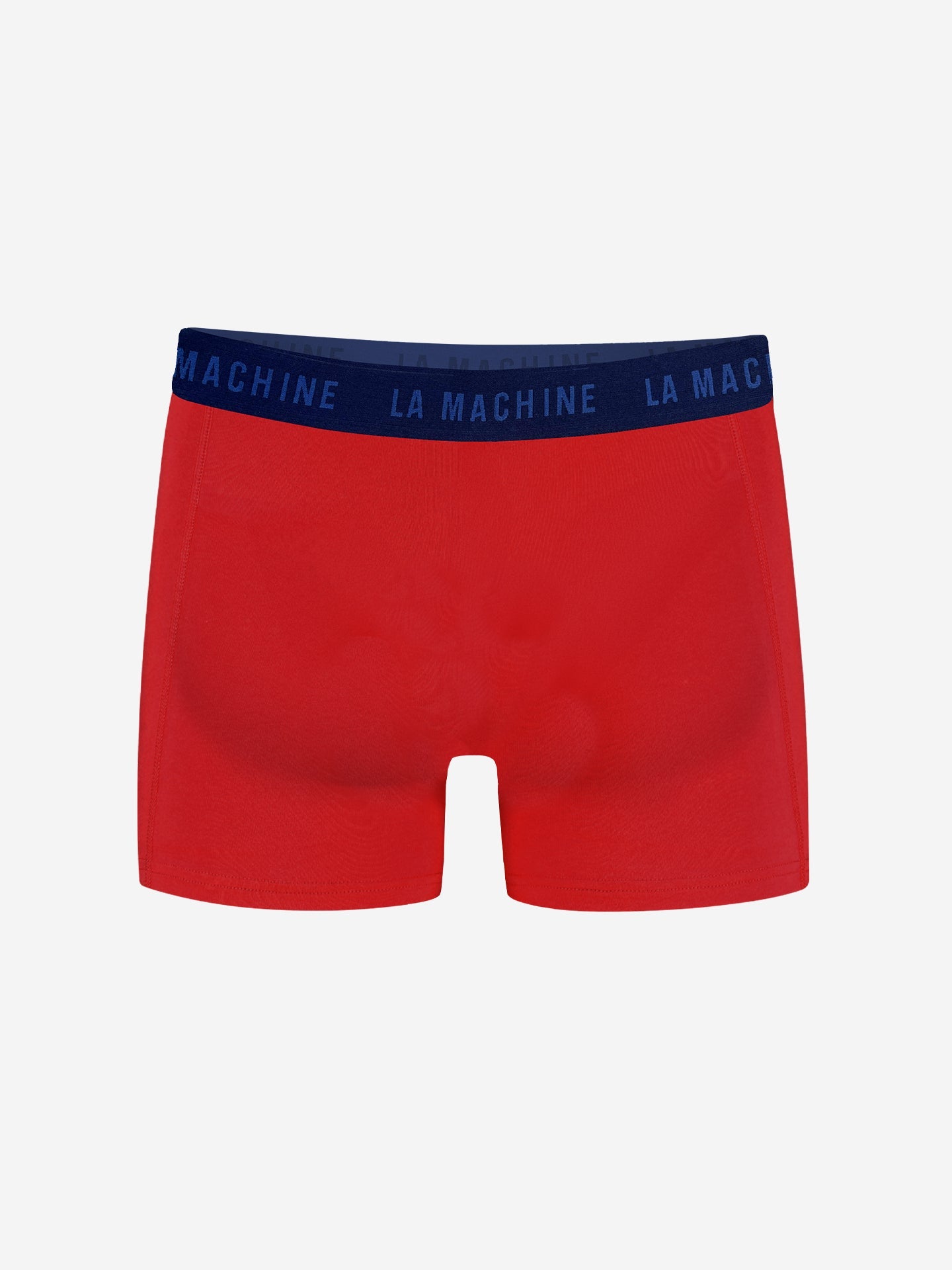 La Machine Cycle Club - Vuelta Red Boxershorts: Red men’s boxer briefs with a navy blue waistband and light blue LA MACHINE text. Ideal cycling underwear, shown on a plain white background.