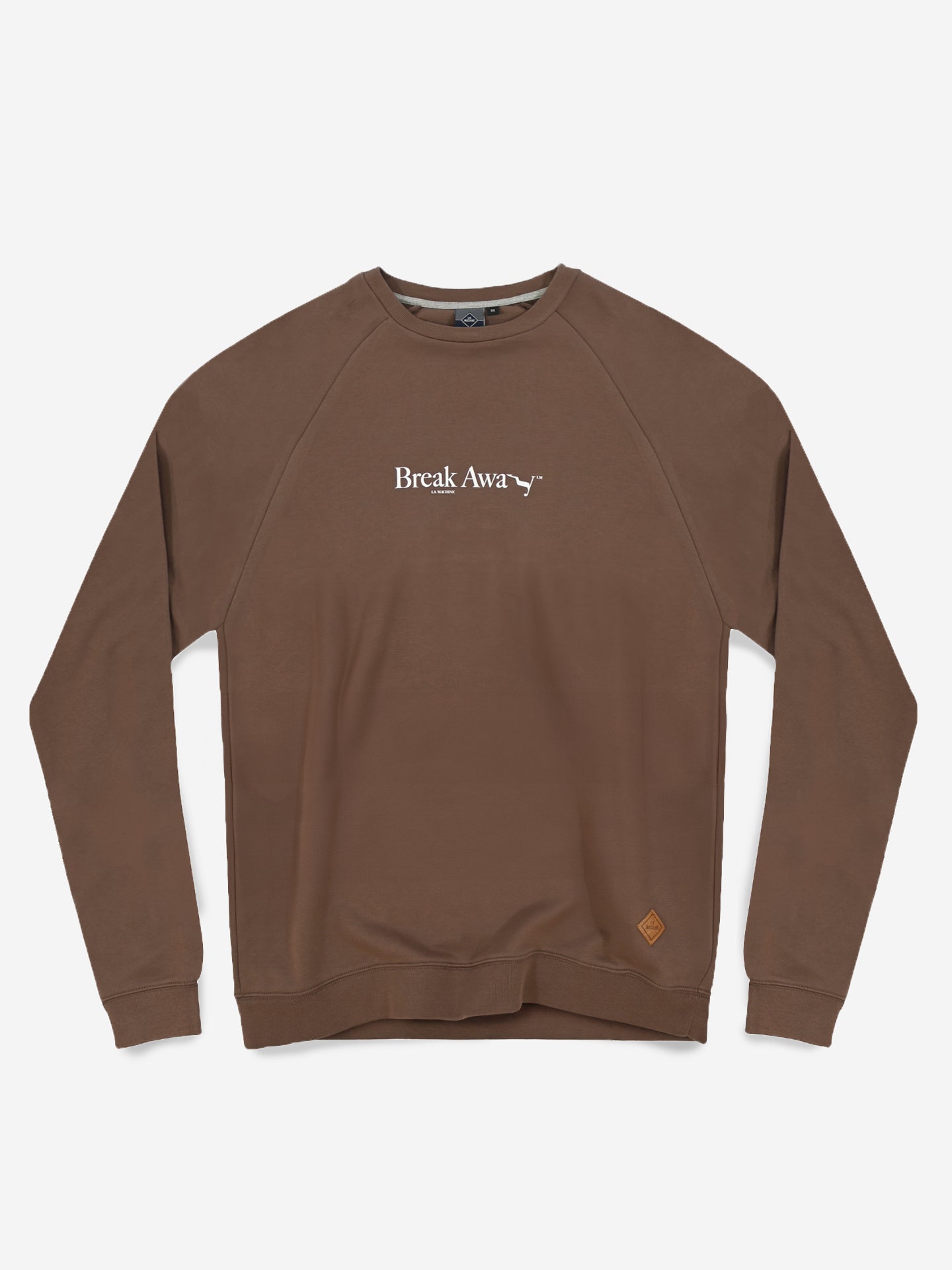 The Break Away - Sweatshirt by La Machine Cycle Club is a brown mens crewneck with Break Away and a small white bird graphic on the chest, plus a leather patch near the hem. Cycling-inspired, its pictured flat on a white background.