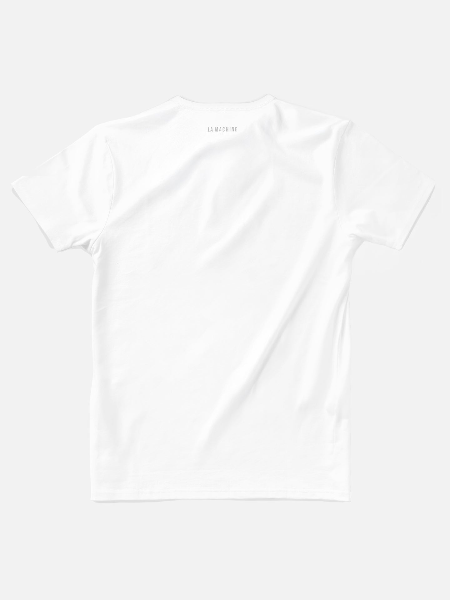 The Coffee Ride Winners Club T-shirt by La Machine Cycle Club is a minimalist white unisex tee with small LA MACHINE text near the neckline, shown from the back on a light gray background—ideal for your next coffee ride.
