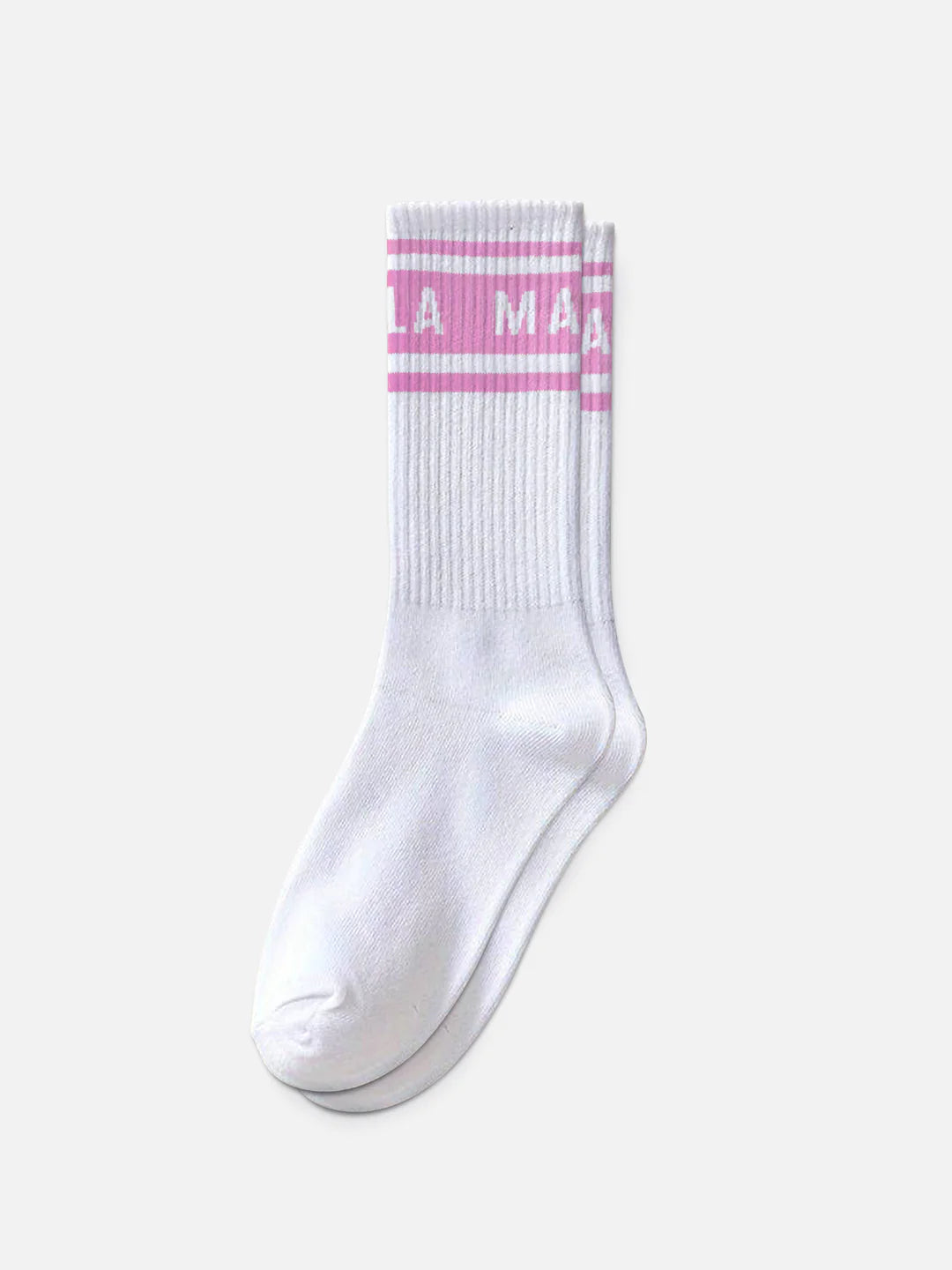 La Machine Cycle Clubs La Machine - Crew Socks - Giro Pink are white crew socks with ribbed ankles, two Giro pink stripes near the top, and partially visible white text on the pink bands.