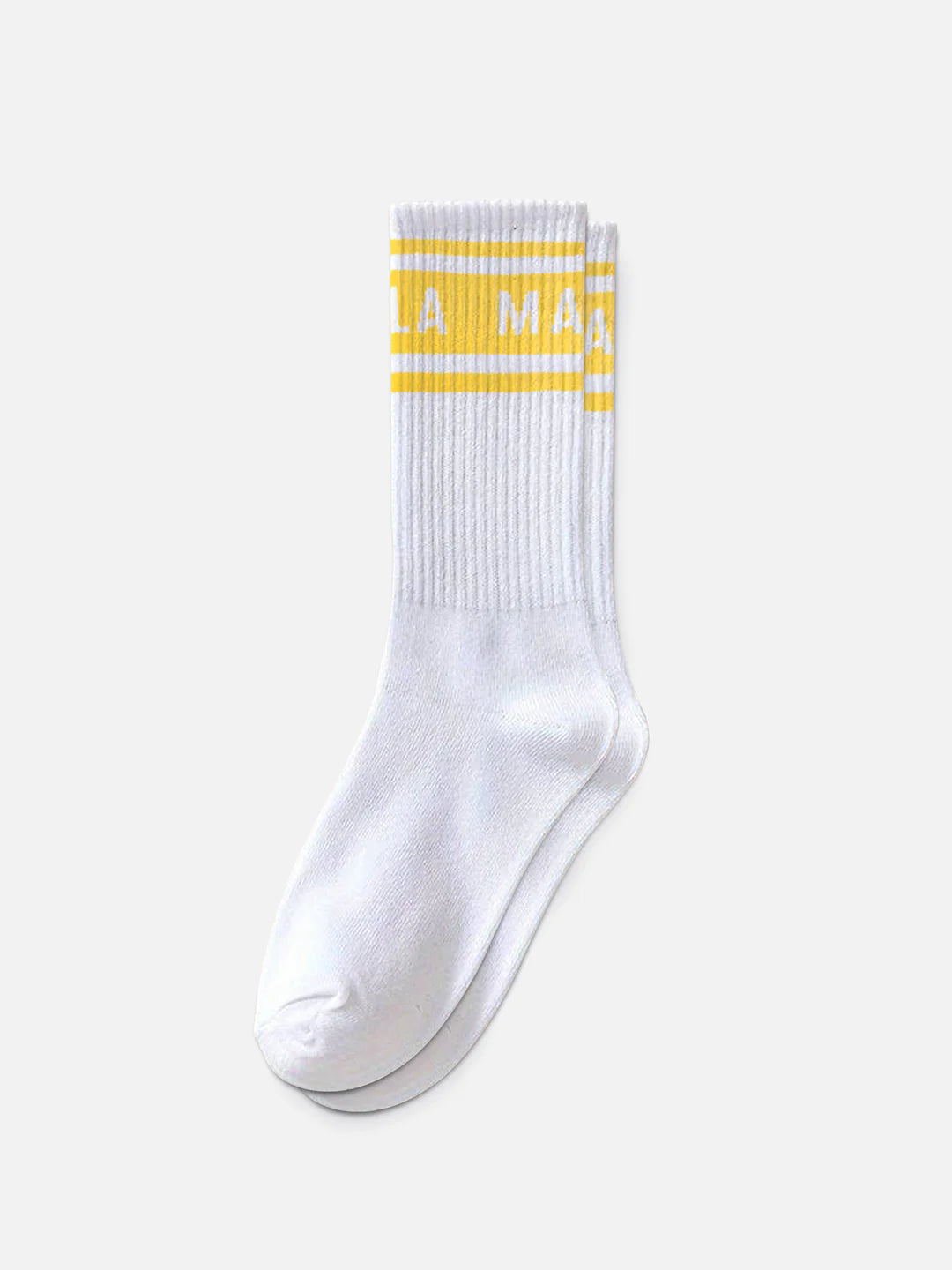 The La Machine - Crew Socks - Bundle by La Machine Cycle Club features white 100% cotton crew socks with yellow stripes and partially visible yellow text near the top, shown laid flat on a plain light background.