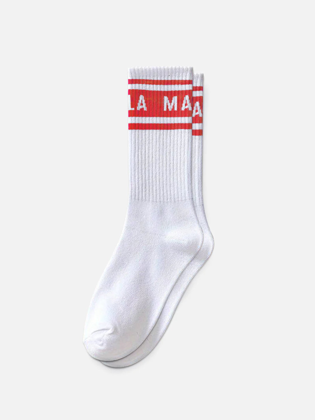 A must-have for cyclists, La Machine Cycle Clubs Crew Socks in Vuelta Red feature two bold red stripes and subtle white lettering on the cuff, set against a crisp white design.