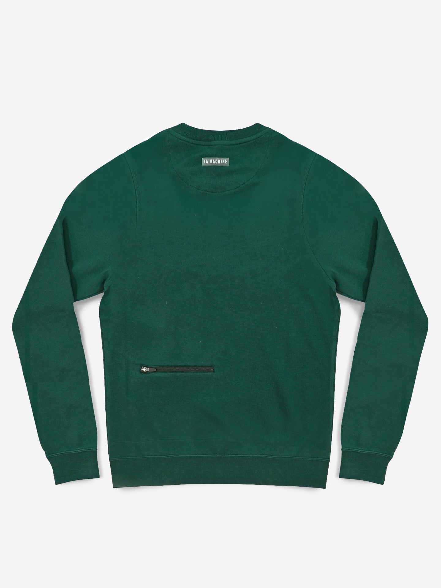 The Domestique Sweatshirt by La Machine Cycle Club is a dark green men’s loose-fit sweatshirt with long sleeves, ribbed cuffs and hem, plus a black zippered pocket at the front left. The collar label reads TAK MISHIMI. Perfect for cycling.