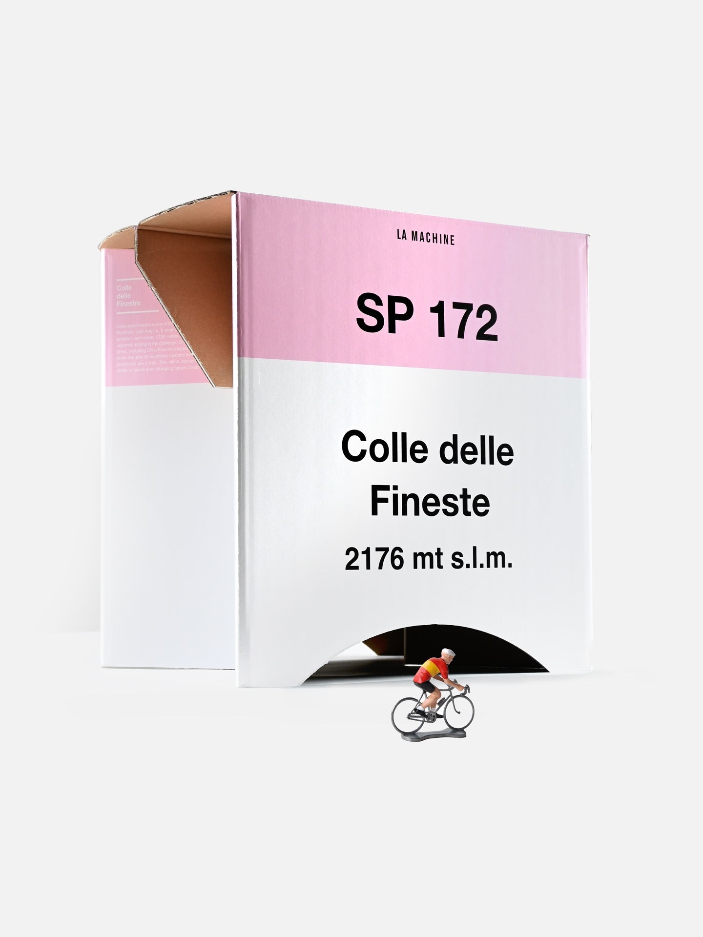 The Colle delle Finestre - 2-in-1 Stool & Sidetable (Misprint Edition) by La Machine Cycle Club stands on a white background, featuring a cyclist figure in front—ideal as unique cycling memorabilia or decor.