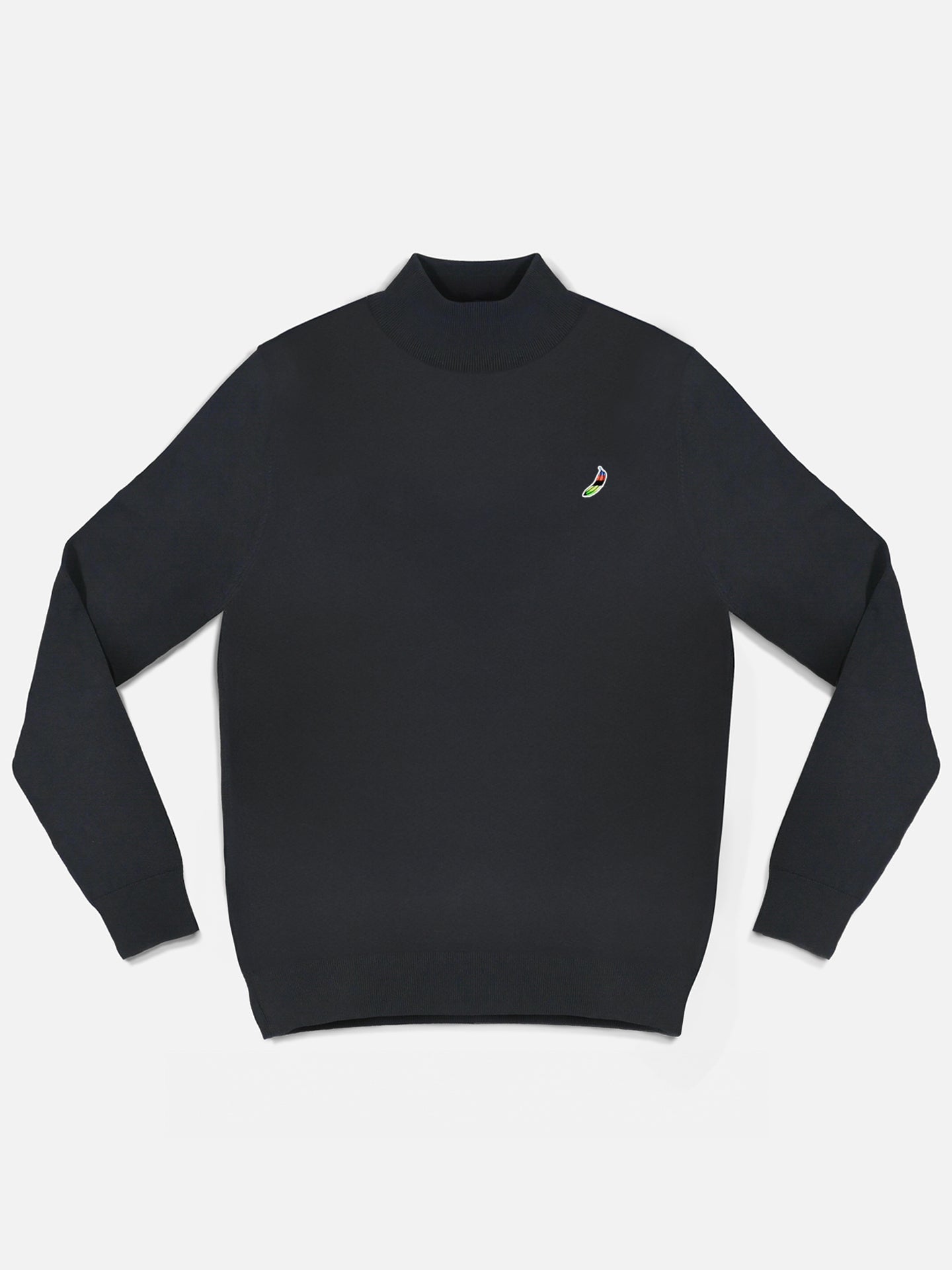 The La Machine Cycle Club Food of Champions knitted pullover is a plain black long-sleeve sweater with a high collar and small chili pepper logo on the left chest, shown laid flat on a white background.