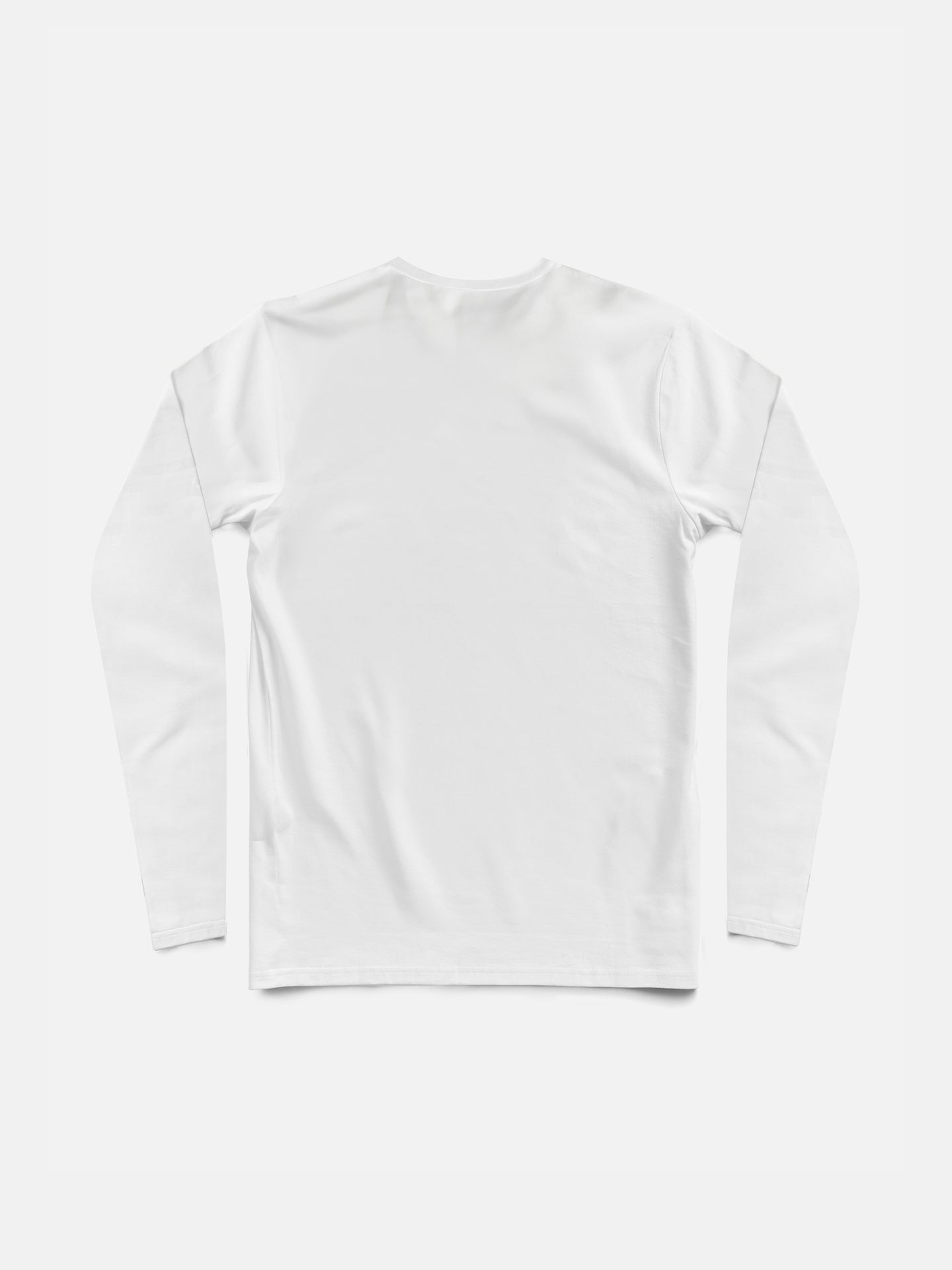 The La Machine Cycle Club Food of Champions long sleeve T-shirt in white, made from 100% cotton, is shown laid flat from the back on a white background. The shirt is plain with no visible designs, logos, or patterns.