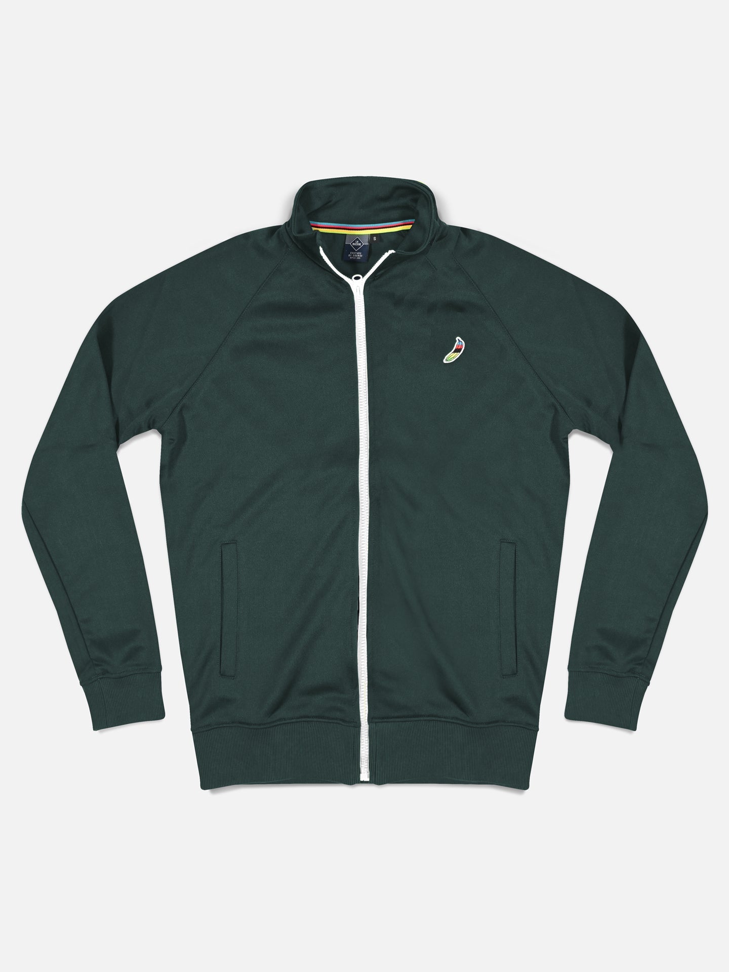 The La Machine Cycle Club Food of Champions Track Jacket in Atlantic Deep is a mens tailored-fit, dark green jacket with white trim, front pockets, and a small chili pepper emblem on the left chest, shown on a white background.