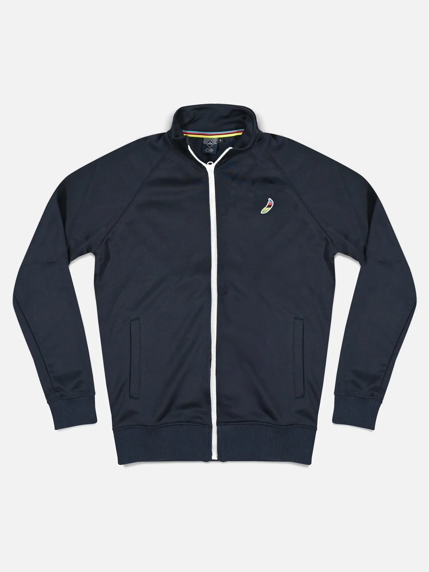 The La Machine Cycle Club Food of Champions Track Jacket in dark navy features a tailored fit, white zipper, small left chest logo, long sleeves, two front pockets, and a stand-up collar.