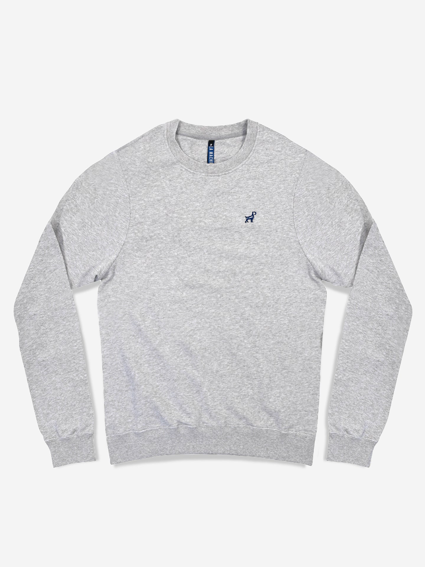 The G.O.A.T. - Sweatshirt in Melange Grey by La Machine Cycle Club is a mens loose fit, long sleeve top with a small blue embroidered animal logo on the left chest, shown laid flat on a white background.
