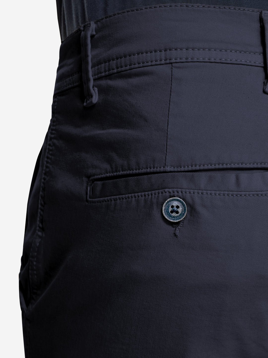 Close-up of the back pocket area of La Machine Cycle Clubs Grand Tours - Rest Day Bermuda - Navy, showing a single blue button, visible stitching, waistband with belt loop, and signature Grand Tour tape lining.