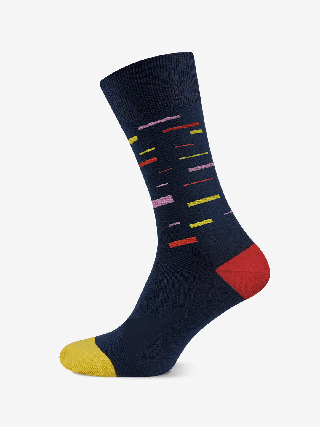 The La Machine Cycle Club Grand Tours - Casual Socks - Bundle features navy blue socks with a yellow toe, red heel, and pink, yellow, and red horizontal stripes on the ankle and leg.