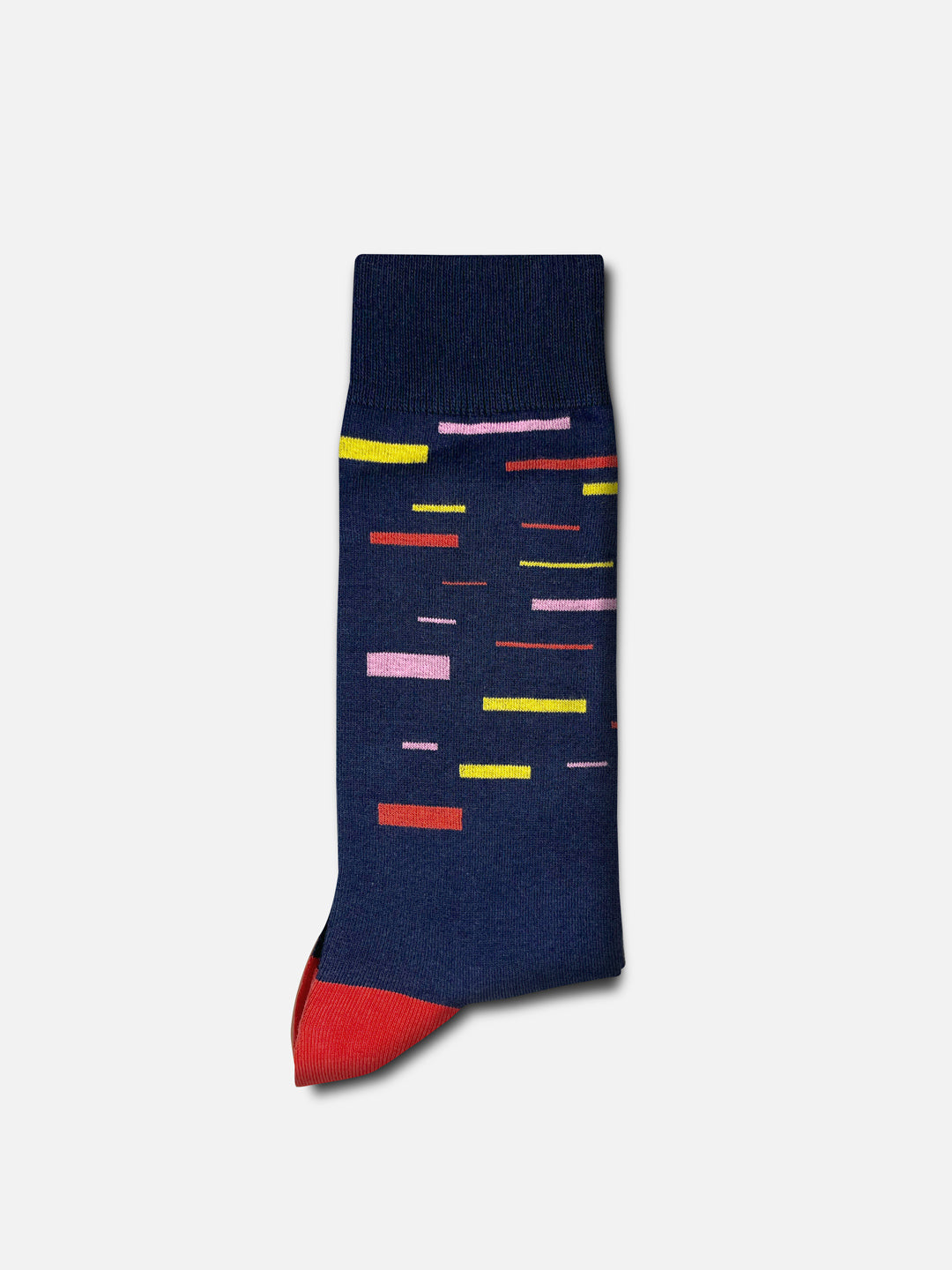 The Grand Tours - Speed - Casual Socks by La Machine Cycle Club are navy blue unisex socks with yellow, pink, and red horizontal lines and a solid red toe, shown on a plain white background.