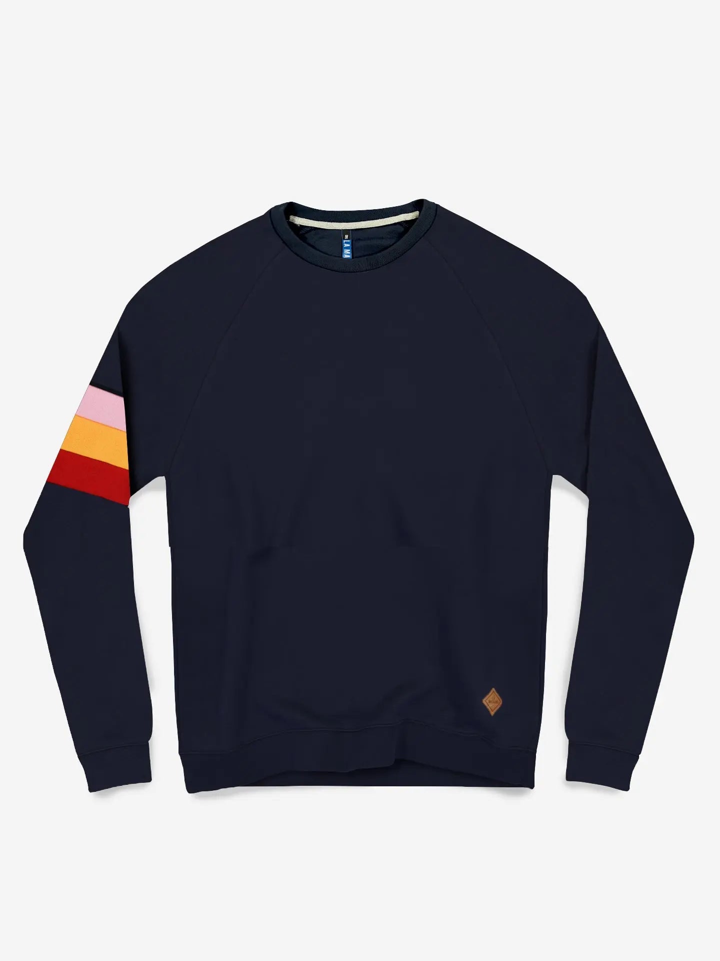 The Grand Tours - Sweatshirt by La Machine Cycle Club is a navy blue cotton cycling top featuring red, orange, pink, and yellow stripes on the left sleeve and a small brown patch near the hem, inspired by classic Grand Tours designs.