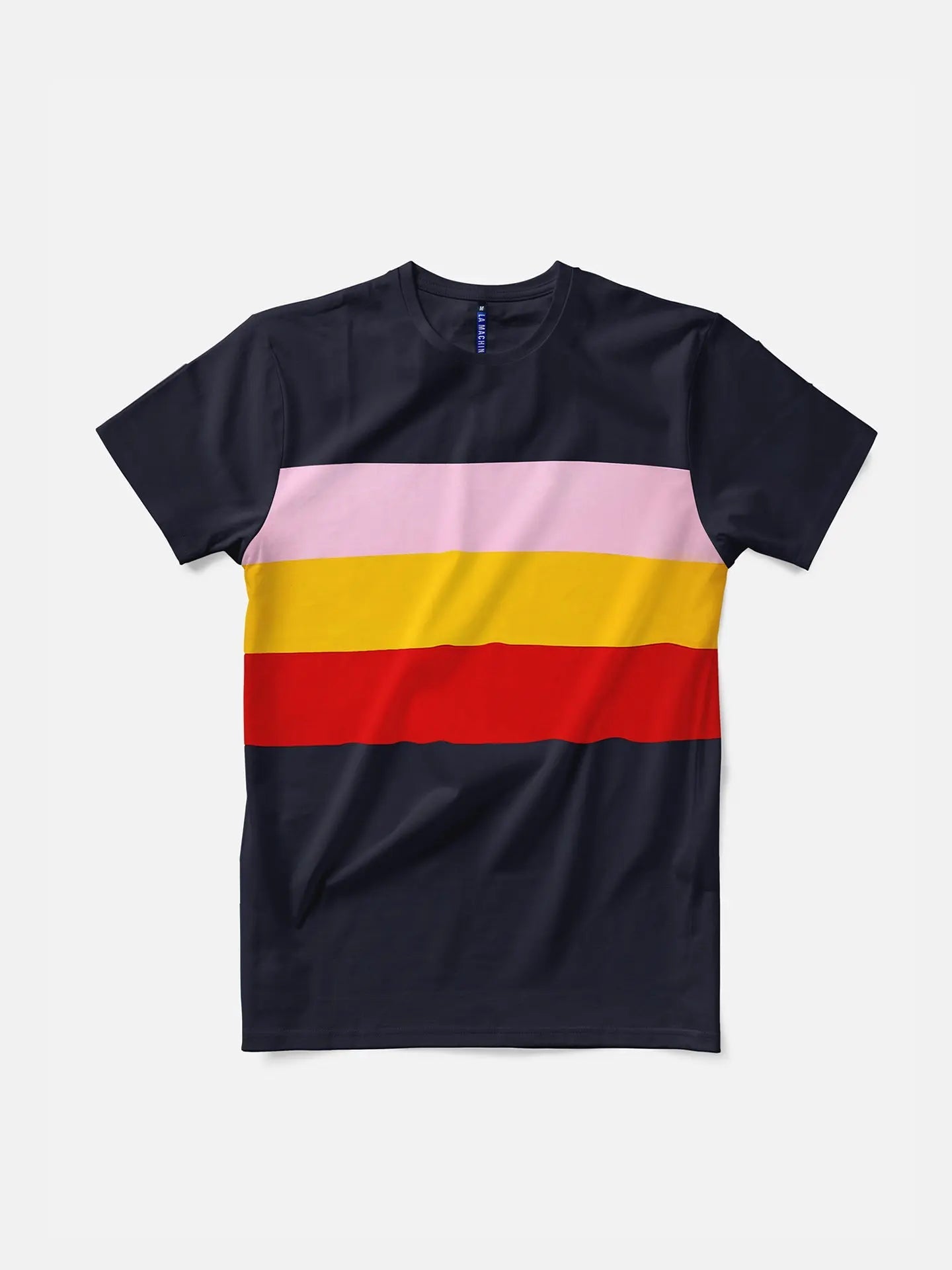 The La Machine Cycle Club Grand Tours T-shirt in navy blue features pink, yellow, and red horizontal stripes across the chest and is shown on a plain white background.
