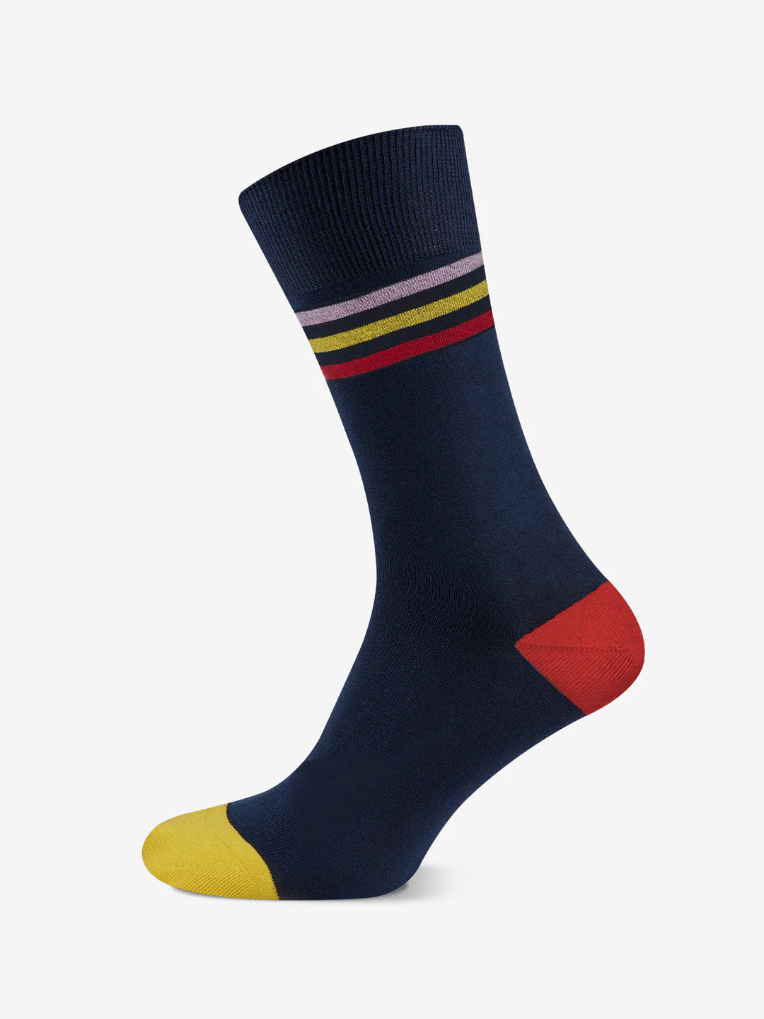 La Machine Cycle Clubs Grand Tours - Casual Socks - Bundle features navy blue socks with a yellow toe, red heel, and four stripes—purple, pink, yellow, and red—near the top for a distinctive grand tour style.